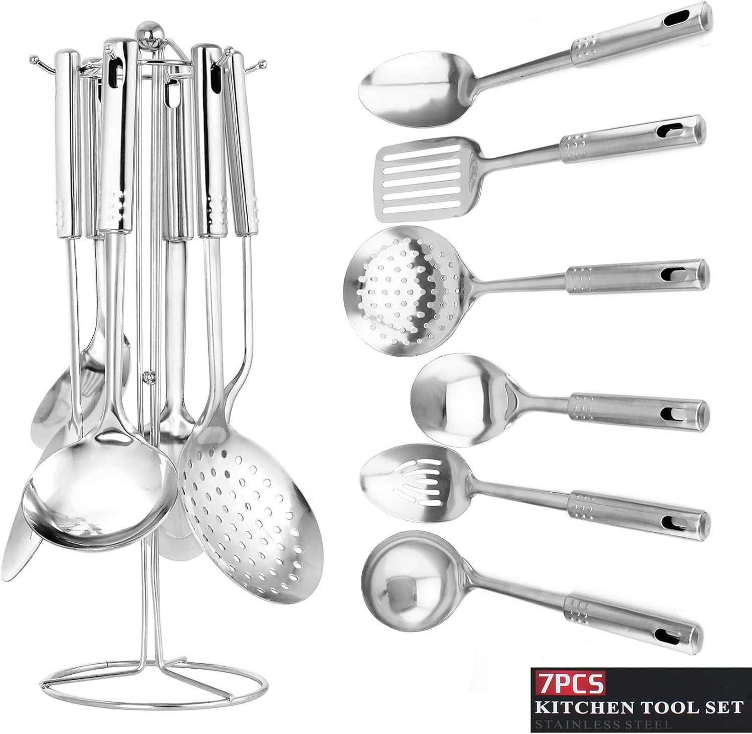 berger stainless steel kitchen tools 7 piece set, silver, multifunctional stainless steel kitchenware with holder stand
