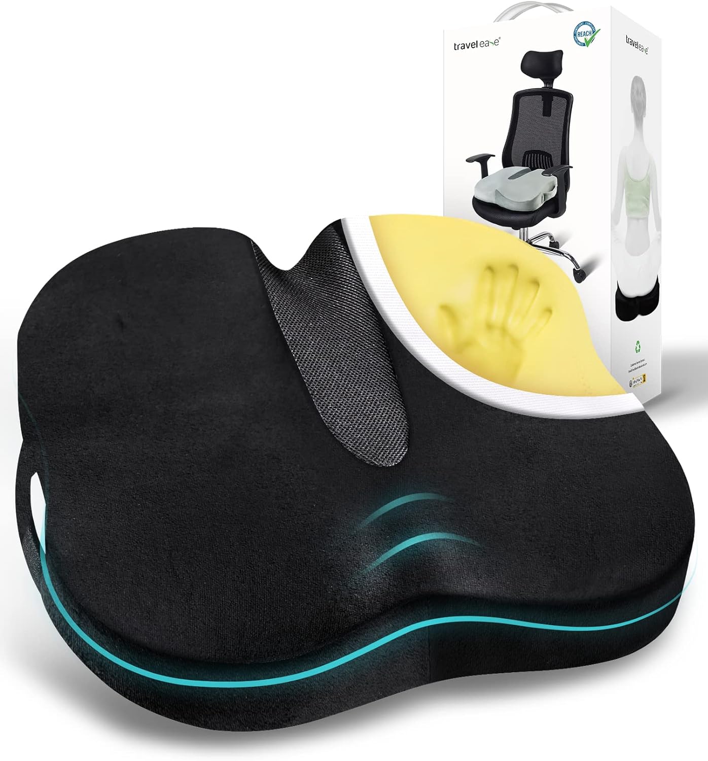 travel ease memory foam coccyx orthopedic seat cushion, seat cushion for lower back pain and sciatica tailbone pain relief – fit for office chair, car seat, wheelchair (black)