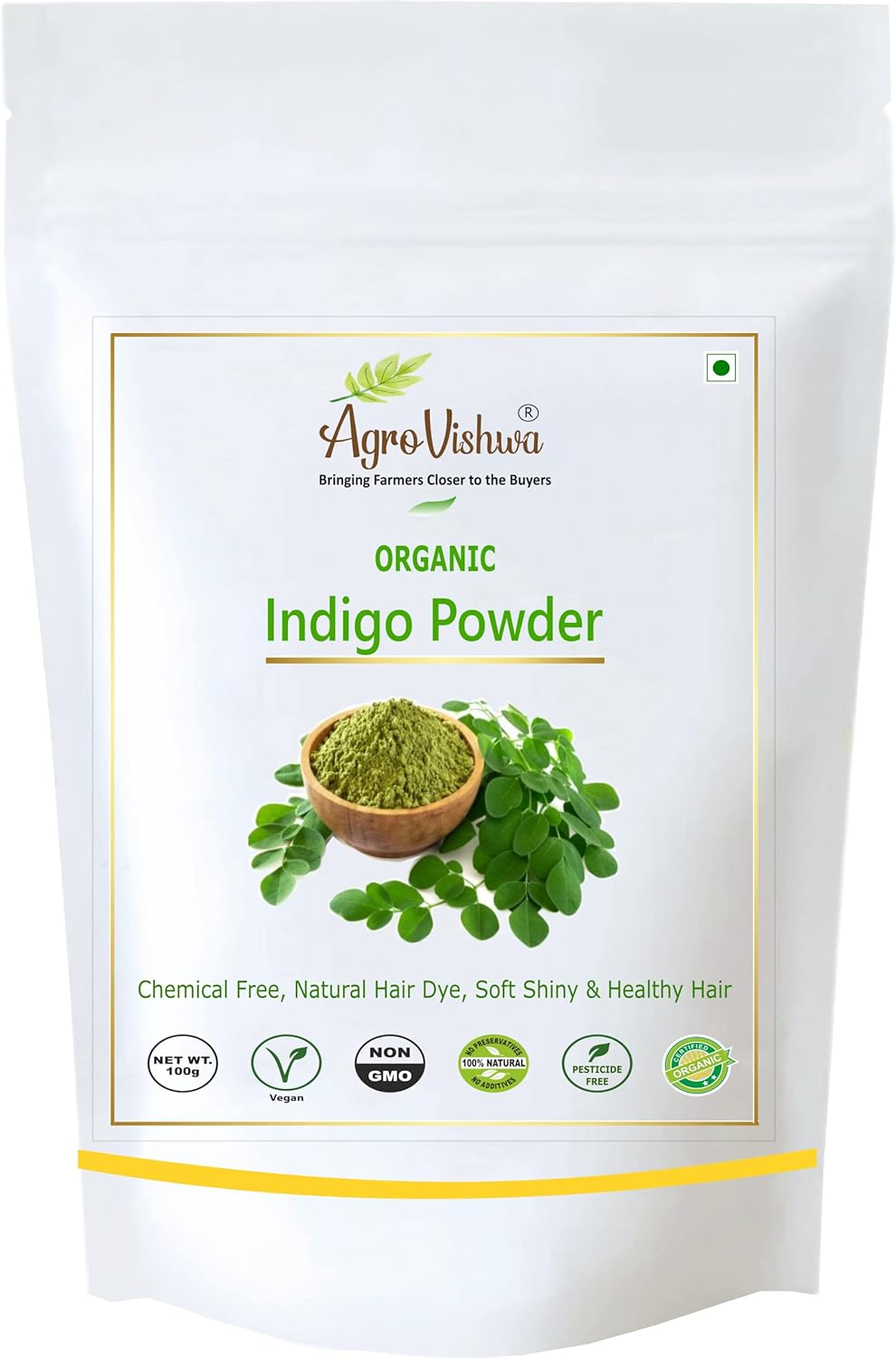 agrovishwa organic indigo powder for all types of hair chemical free, ammonia free hair color natural hair dye smooth, silky, soft and shiny hair indigo powder 100gm