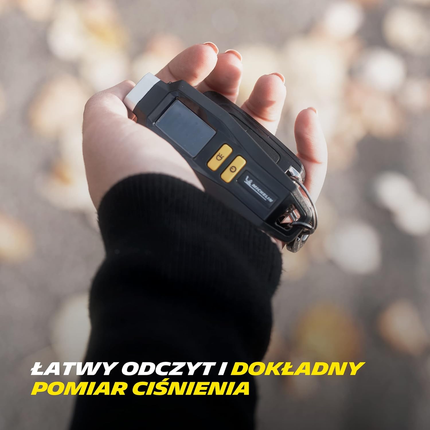 michelin digital tyre pressure gauge with keyring, compact, accurate tire pressure monitor for cars, bikes, led display, portable, black