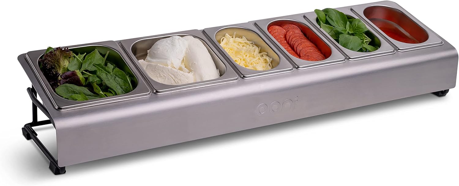 ooni pizza topping station 6 compartment stainless steel tray holder kitchen accessories condiment containers with lids for pizza toppings & ingredients