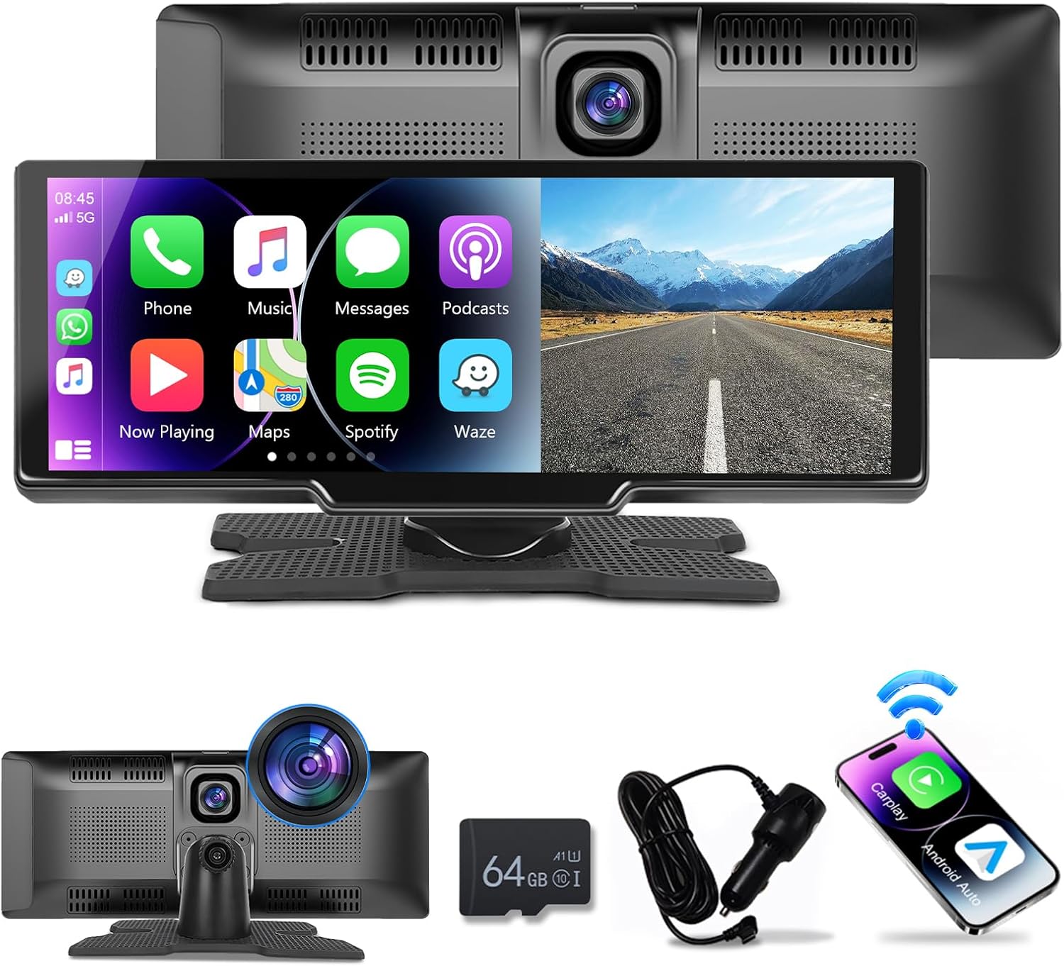 podofo portable wireless apple carplay car stereo, 9.3 hd ips touchscreen car radio support bluetooth/maps navigation/wireless android auto/aux/tf,built in front view camera,loop recording