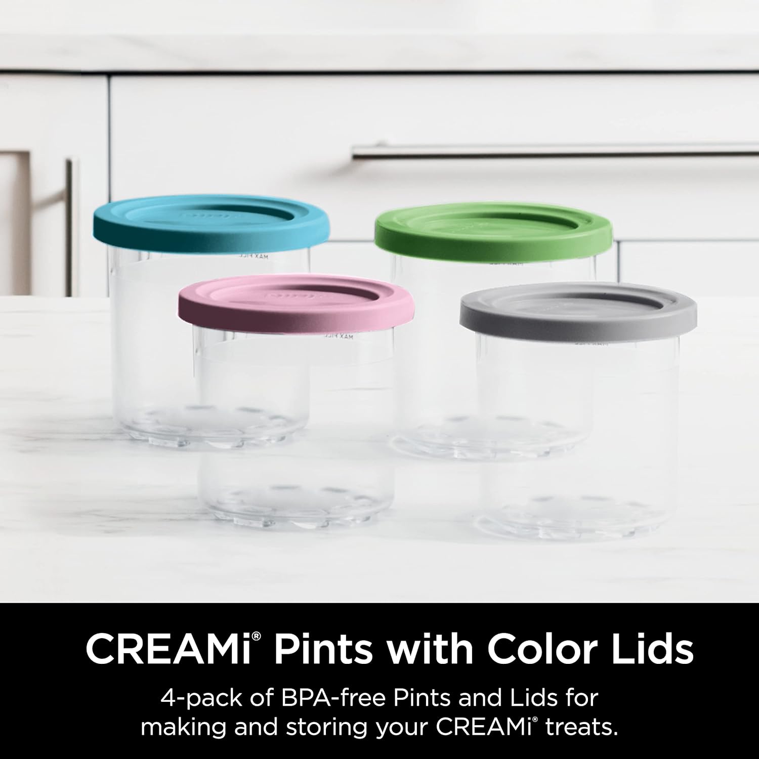 ninja creami pints, compatible with nc299amz & nc300s series creami ice cream makers, genuine ninja pint, bpa free & dishwasher safe, color lids, clear/grey/lime/pink/aqua (4 count pack1)