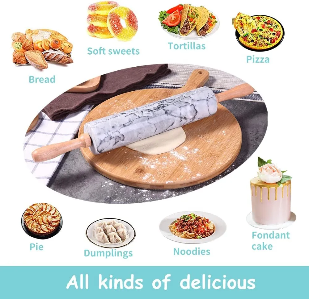 LENND White Marble Rolling Pin with Wooden Cradle, Premium Quality Polished Roller for Pizza Dough,Fondant,Pie Crust,Non-Stick Surface Easy to Clean, 6 x 45 x 6cm