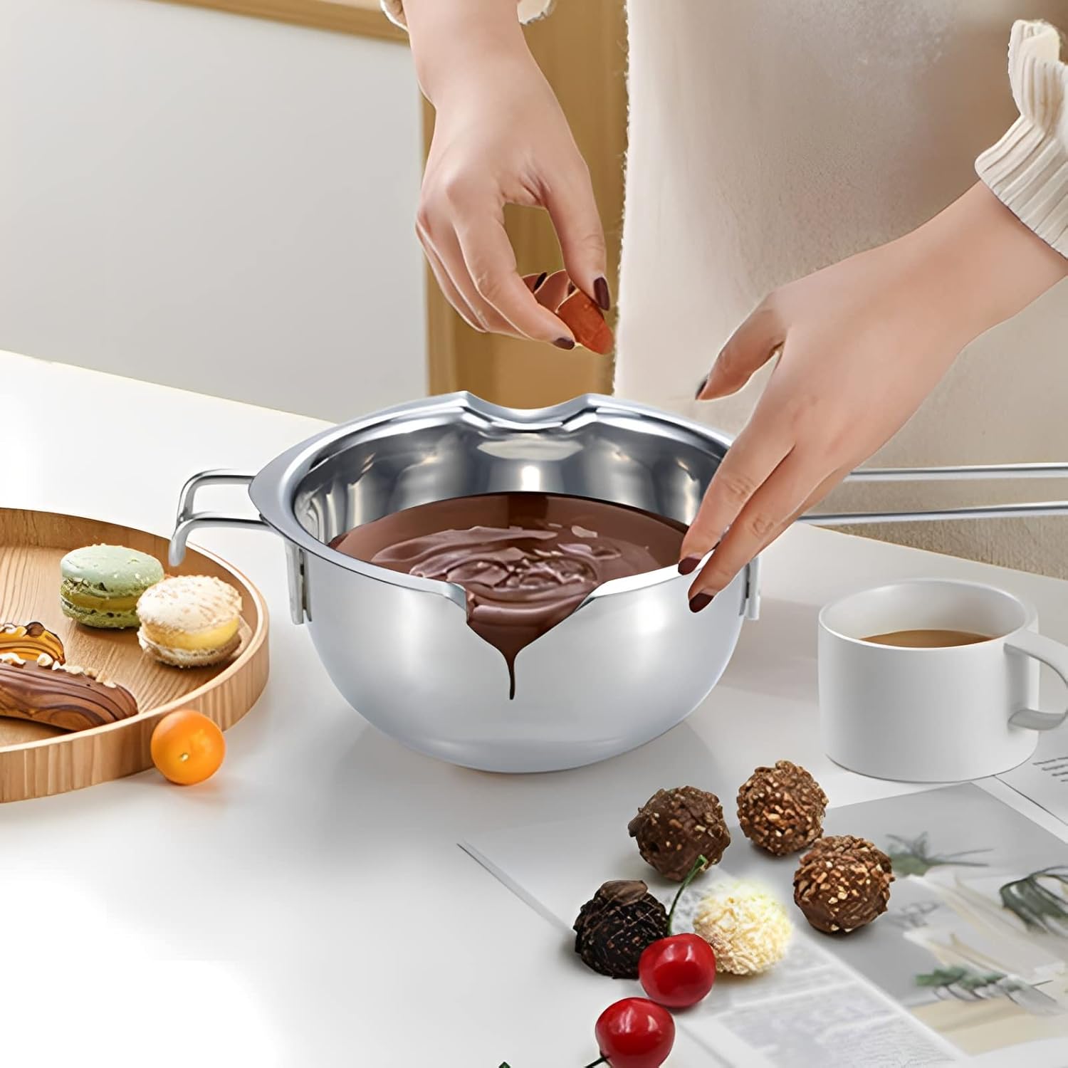 beauenty stainless steel double pot,kitchen melting pot baking tools,304 chocolate melting pot for melting chocolate,butter,cheese, caramel and candy (600ml,3 cup capacity,20oz)