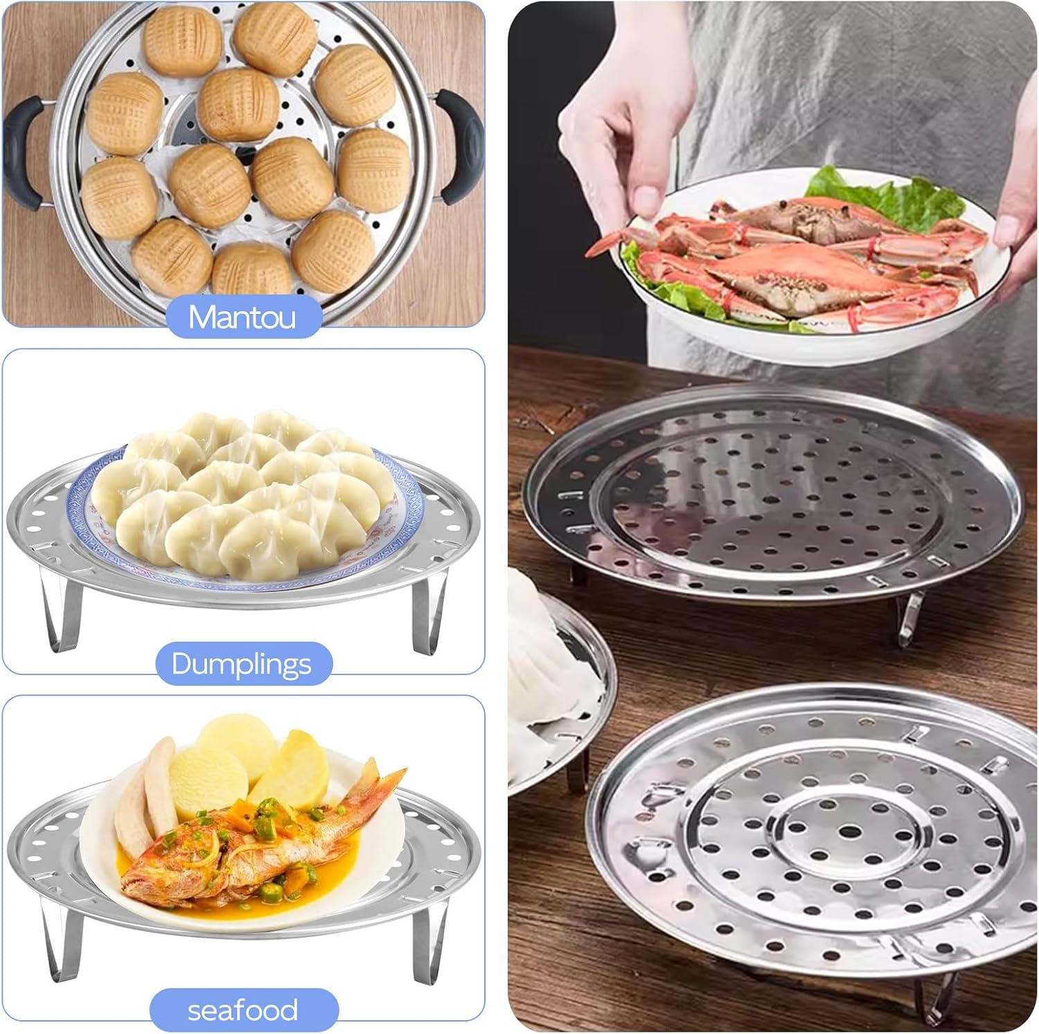 nalaina steamer rack, stainless steel round steaming rack steam tray with removable legs for veggie fish seafood cooking, expandable to fit various steamer cookware multi functional steamer basket