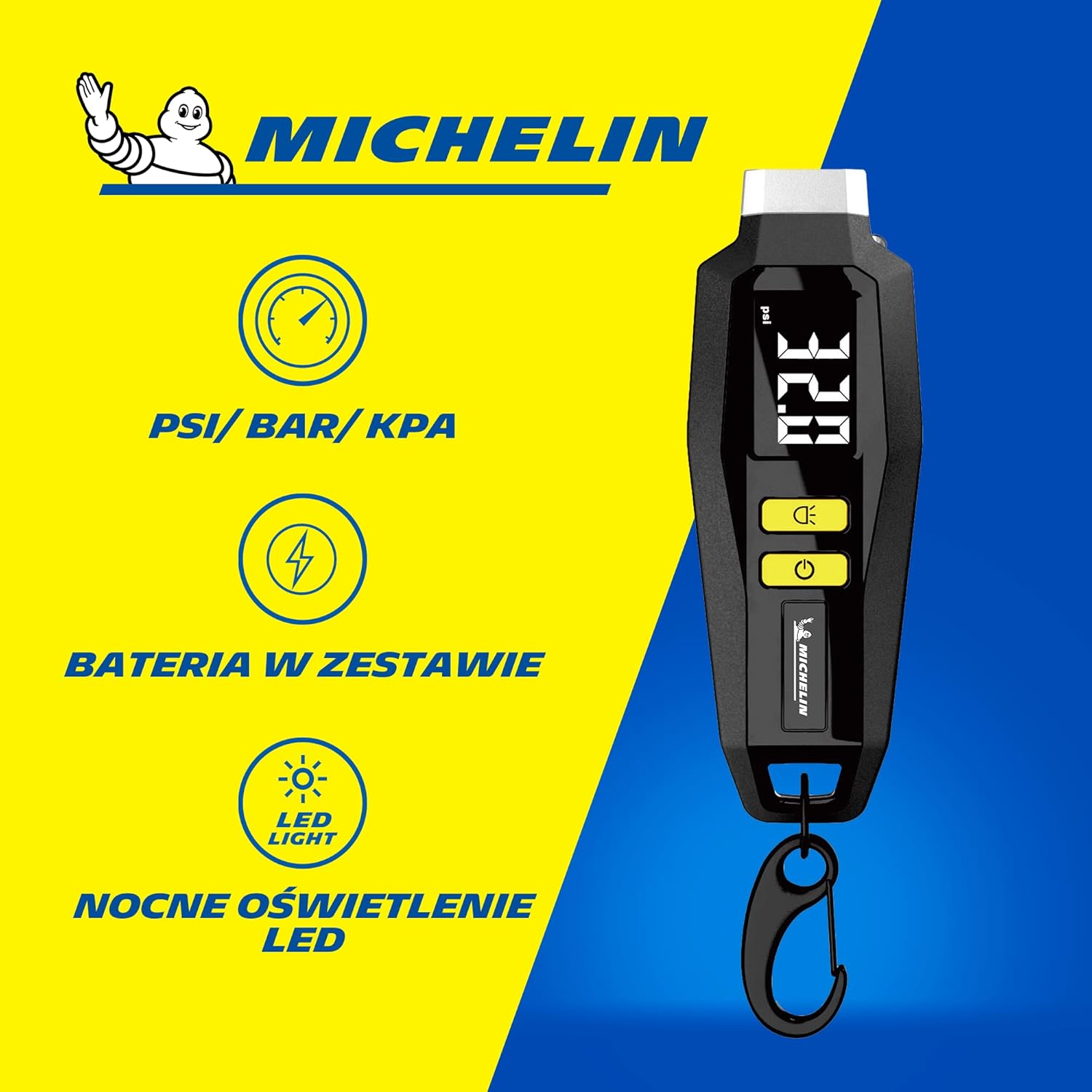 michelin digital tyre pressure gauge with keyring, compact, accurate tire pressure monitor for cars, bikes, led display, portable, black