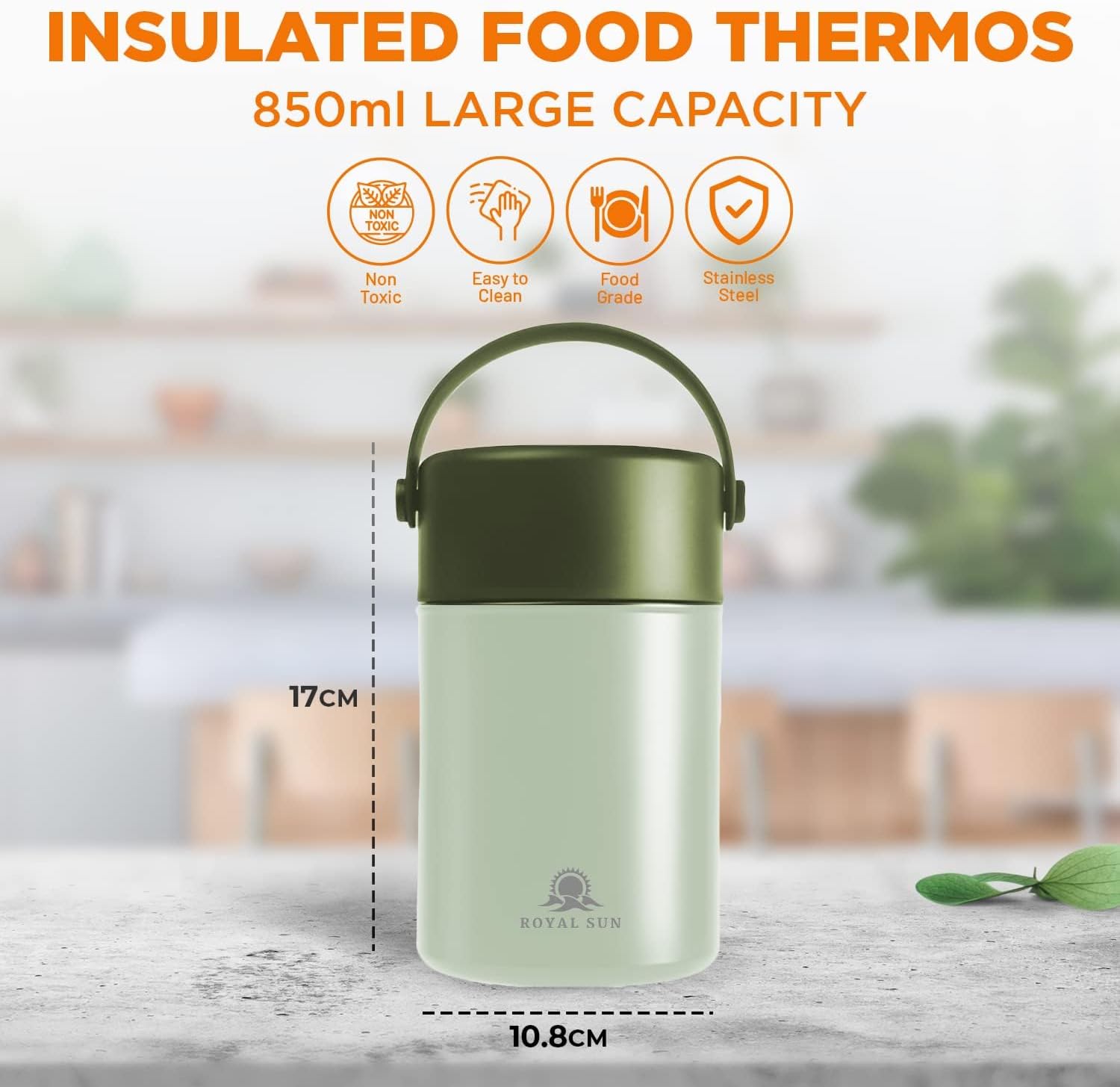 royal sun insulated food jar with handle, large capacity stew beaker, thermos for hot food, stainless steel vacuum lunch box with folding spoon, for school office picnic (green)