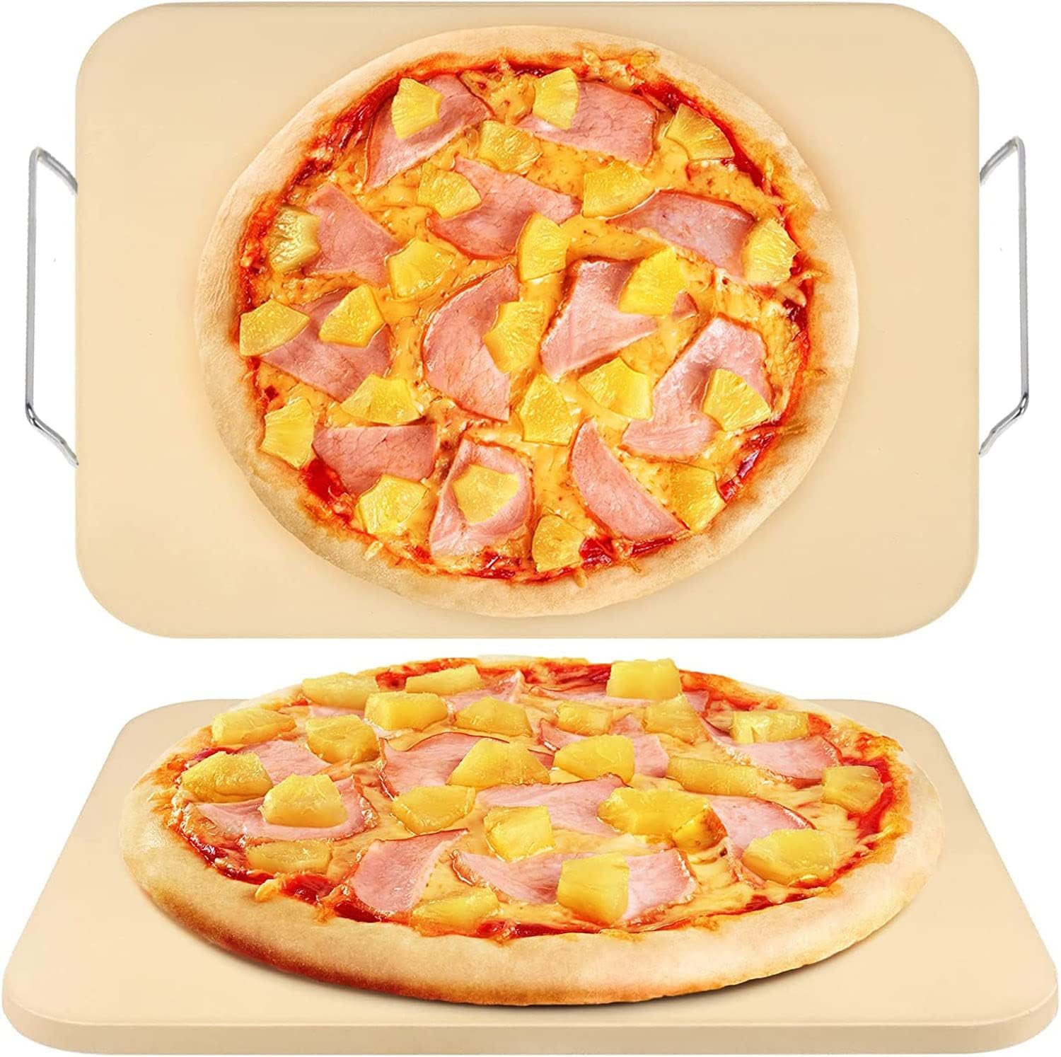 premify pizza stone set for oven and grill, large 15 x 12 inches square ceramic pizza grilling stone oven baking stone with serving rack