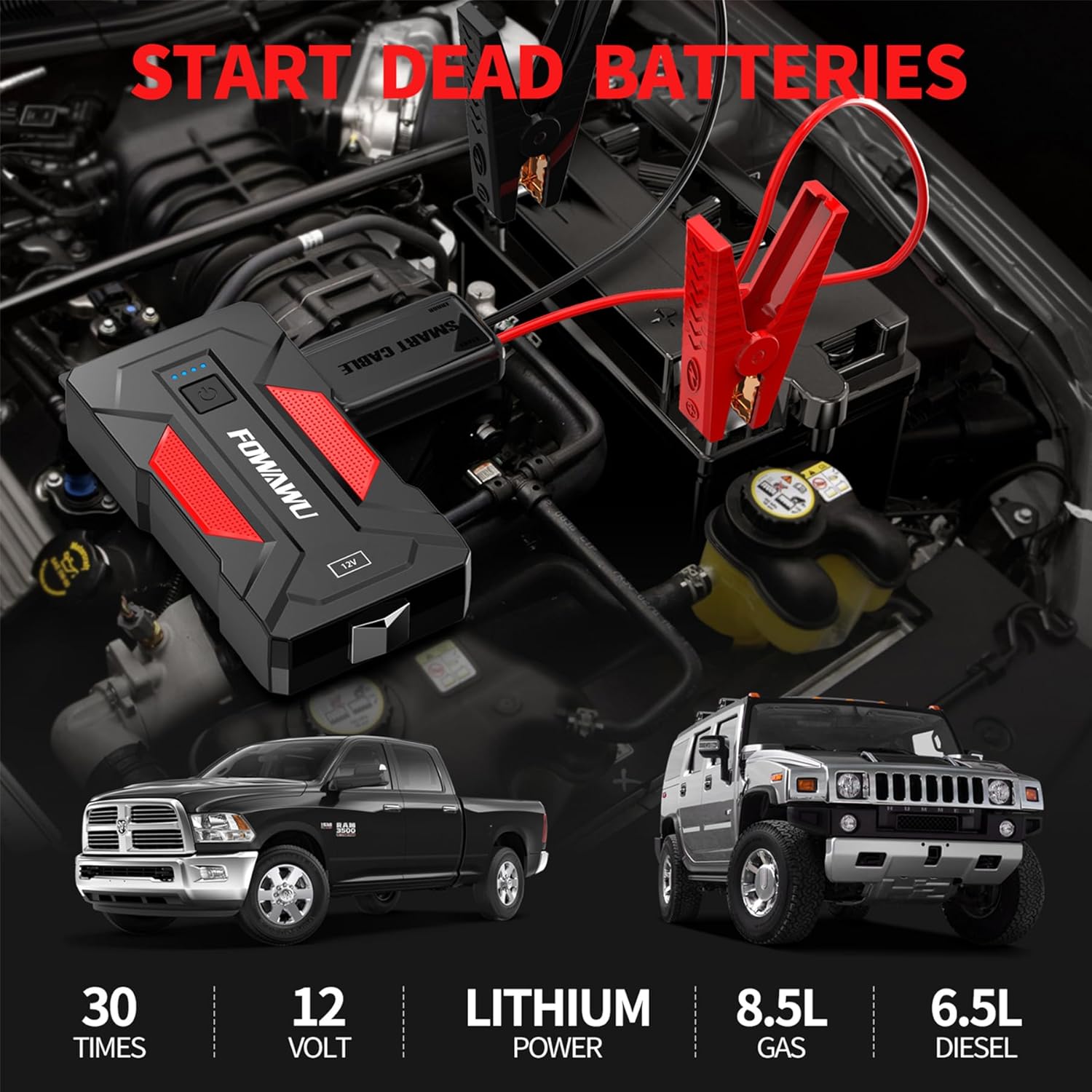 fowawu 3000 a 22800mah car jump starter(8.5 l gas,6.5 l diesel), 12 v car battery jump starter, battery jumper starter portable with usb 3.0, led light