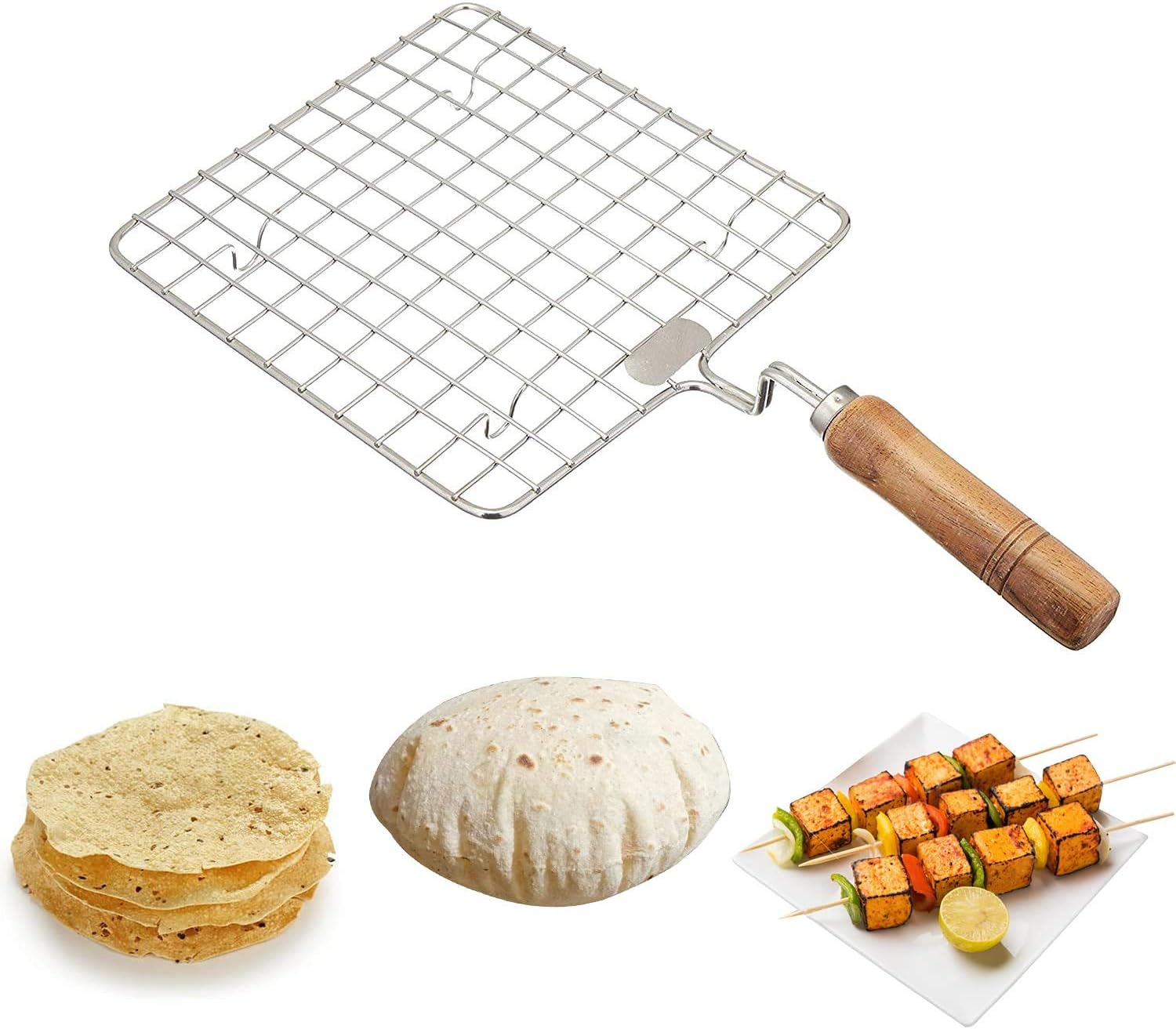 ksjone stainless steel multi functional wire steaming cooling and baking barbecue rack square wire roaster rack/papad jali/roti grill round shape with wooden handle