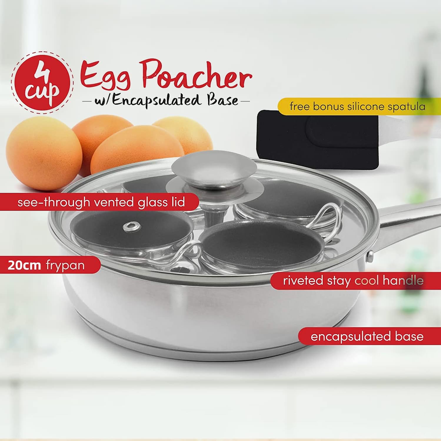 angju 4 cups egg poacher pan stainless steel poached egg cooker â€“ induction cooktop egg poachers cookware set with 4 nonstick large silicone egg poacher cups+free silicone spatula