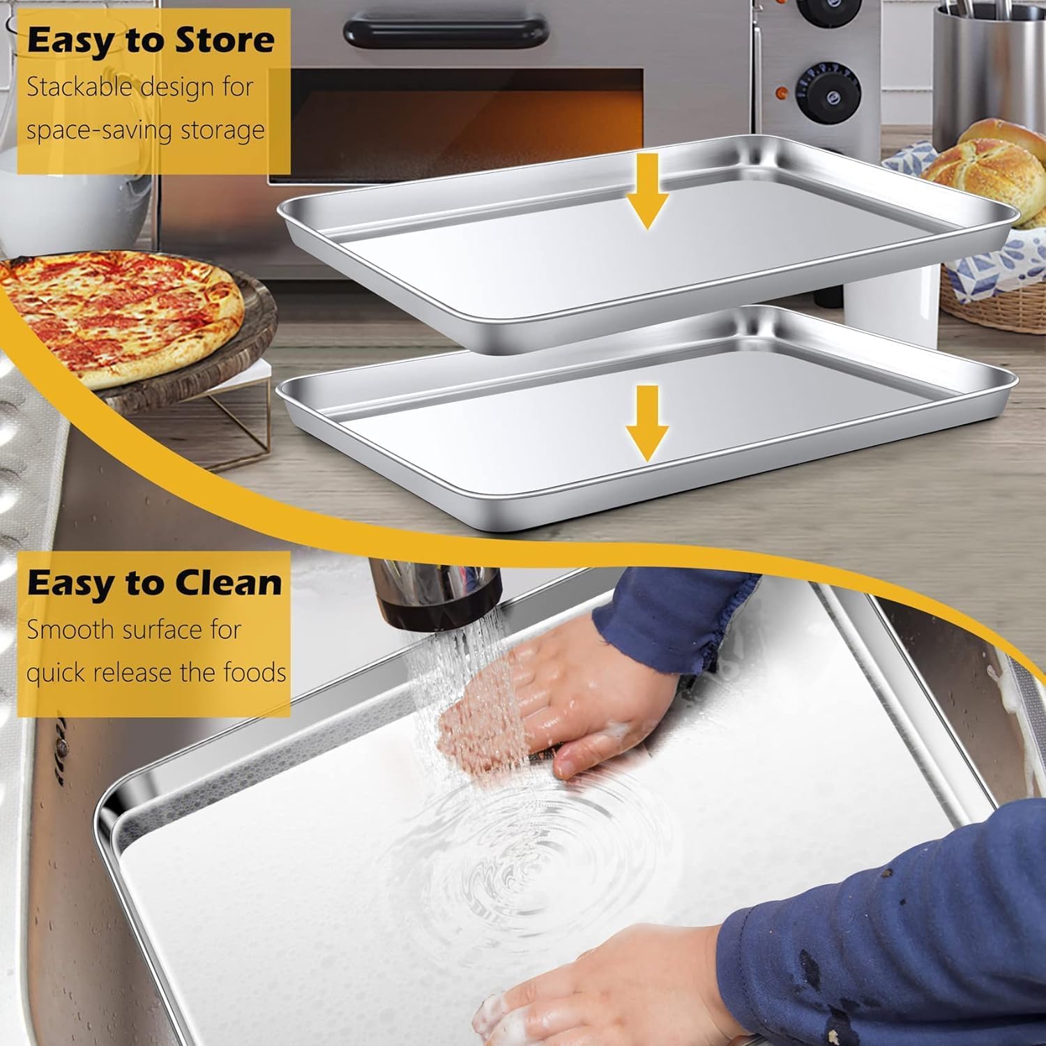 baking tray set of 2, grace aluminium rectangle baking sheets pans, large professional oven trays for cooking serving, non toxic & healthy, mirror finished & dishwasher safe, 46x33x2.5cm