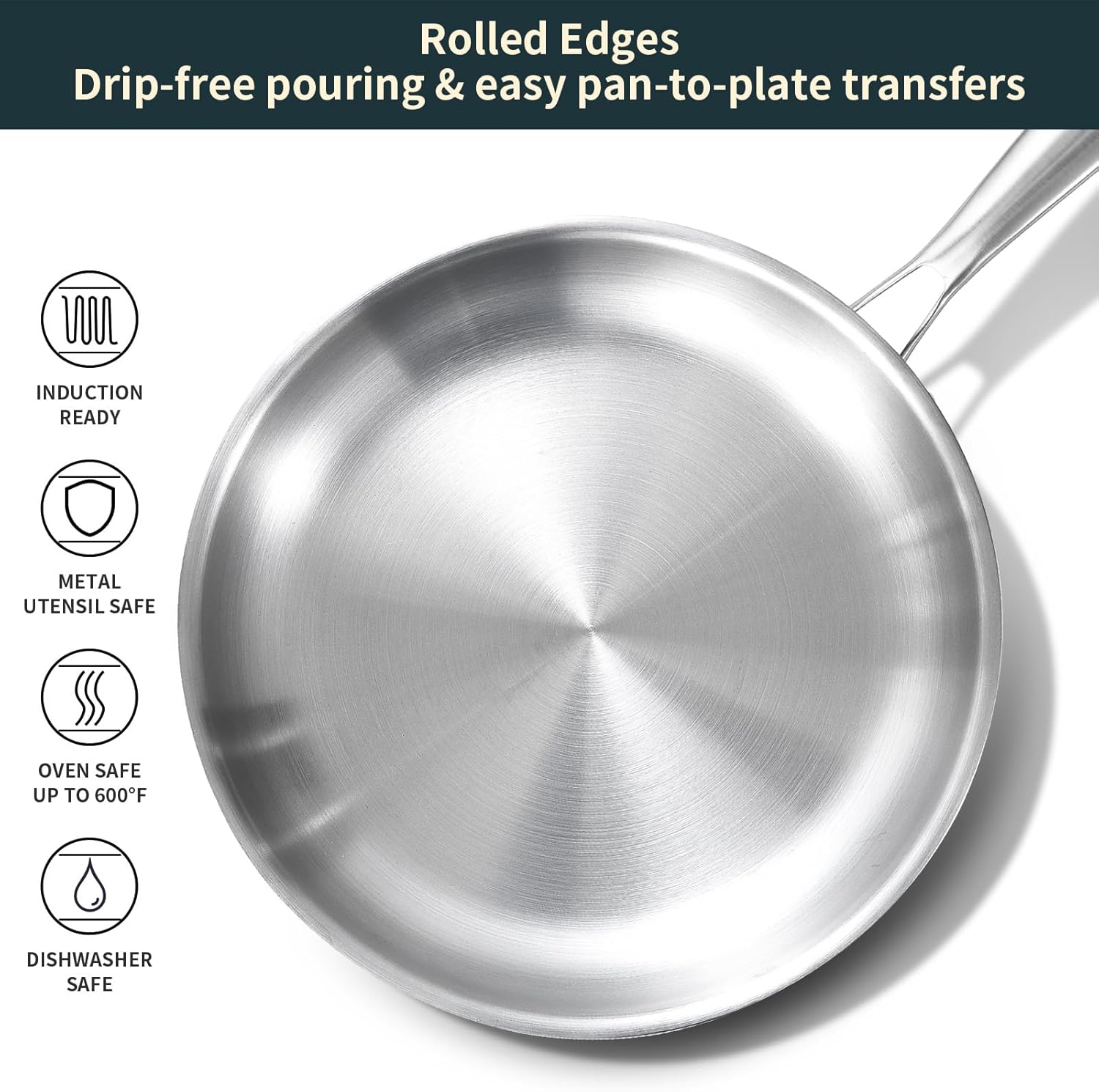 delarlo full clad tri ply stainless steel frying pan, 10 inch pan, all stove compatible up to 600℉, heavy duty, oven safe skillet, 18/10 cooking pan, chef's pan for kitchen, omelette pan, flat bottom