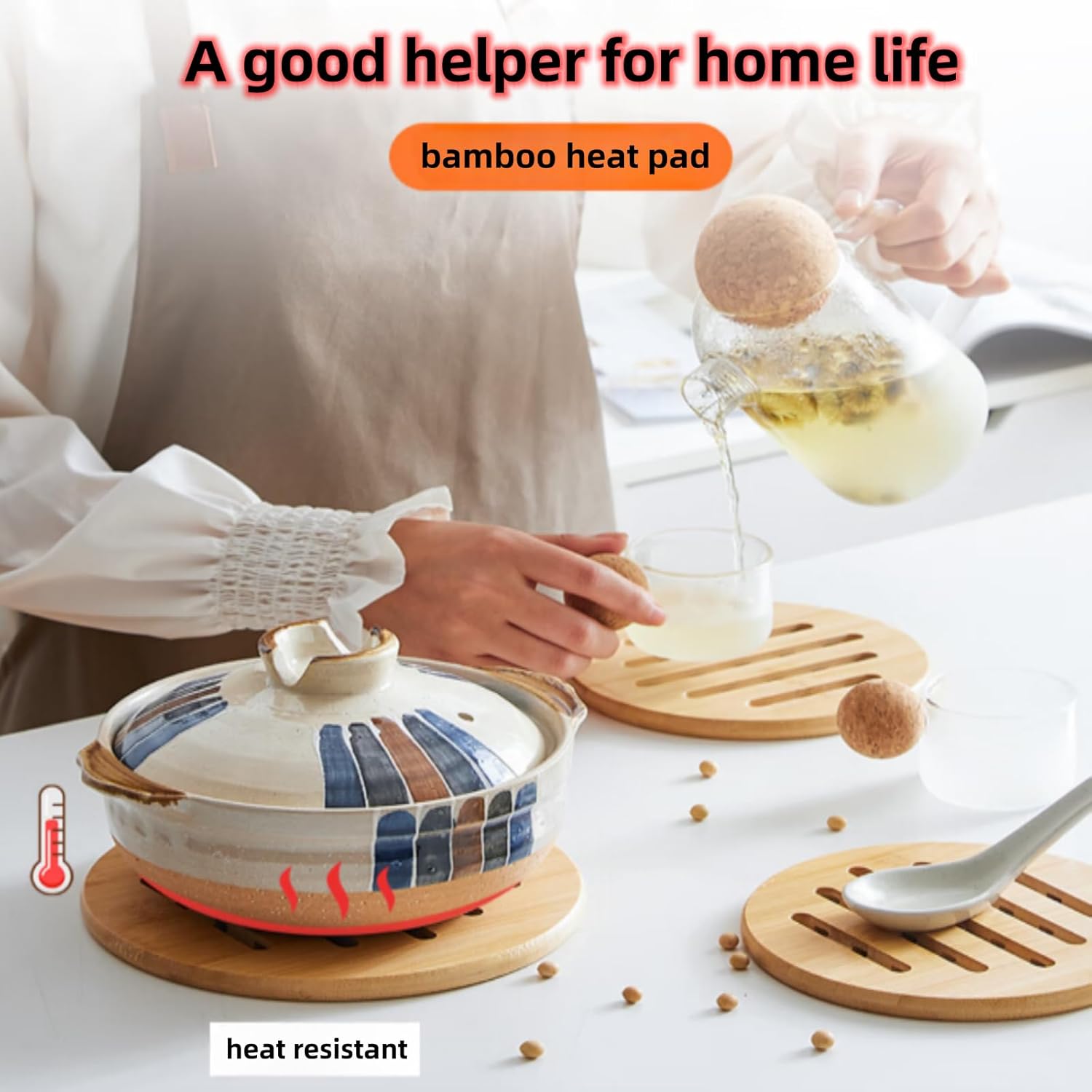 alfto hot pads trivet,table solid bamboo wood trivets for hot dishes and pot with non slip pads heat resistant pads teapot trivet 4pcs(multi size,2 square 2 round)