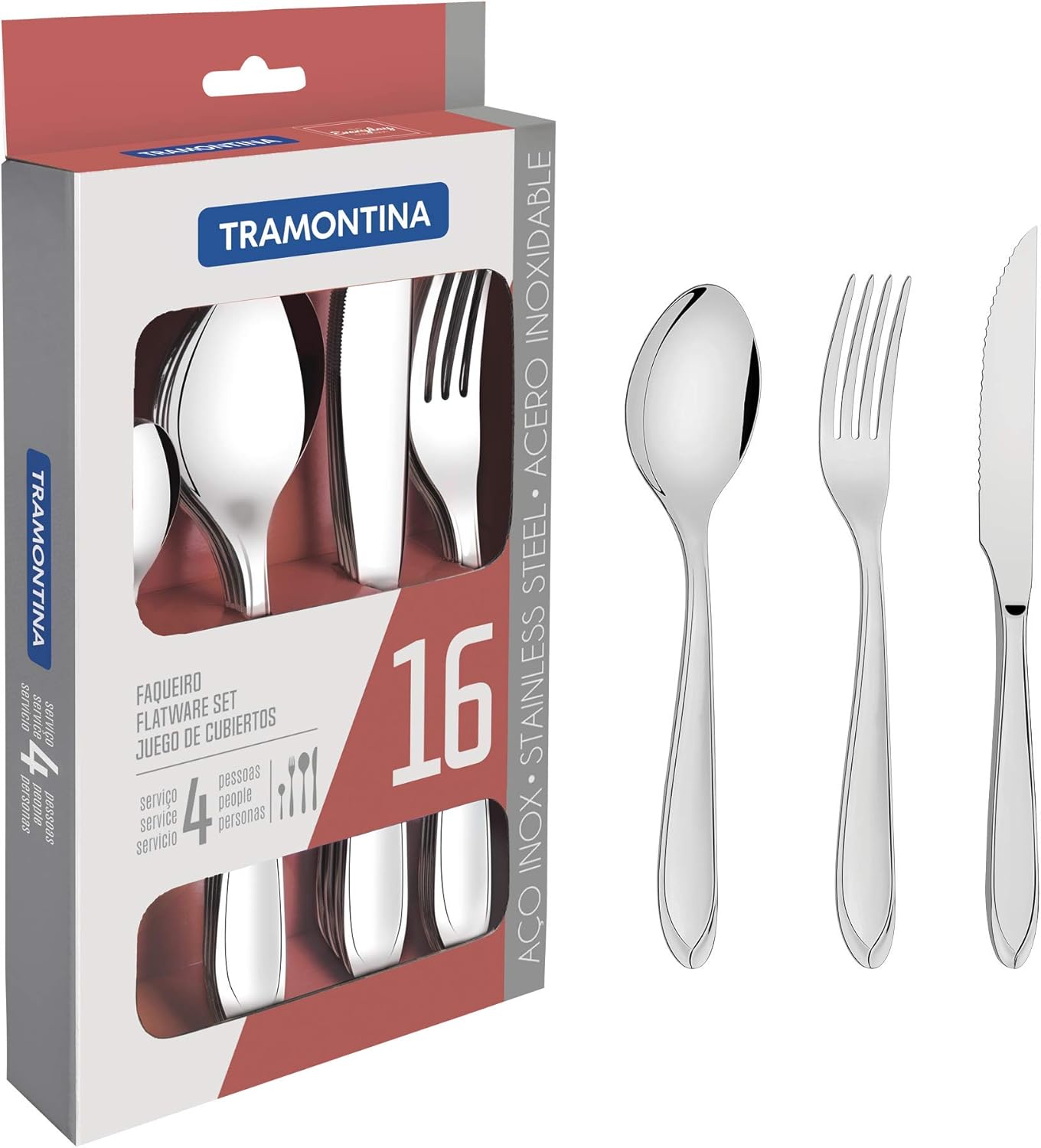 tramontina laguna 16 pieces stainless steel flatware set with steak knife and high gloss finish and detailing on the handles
