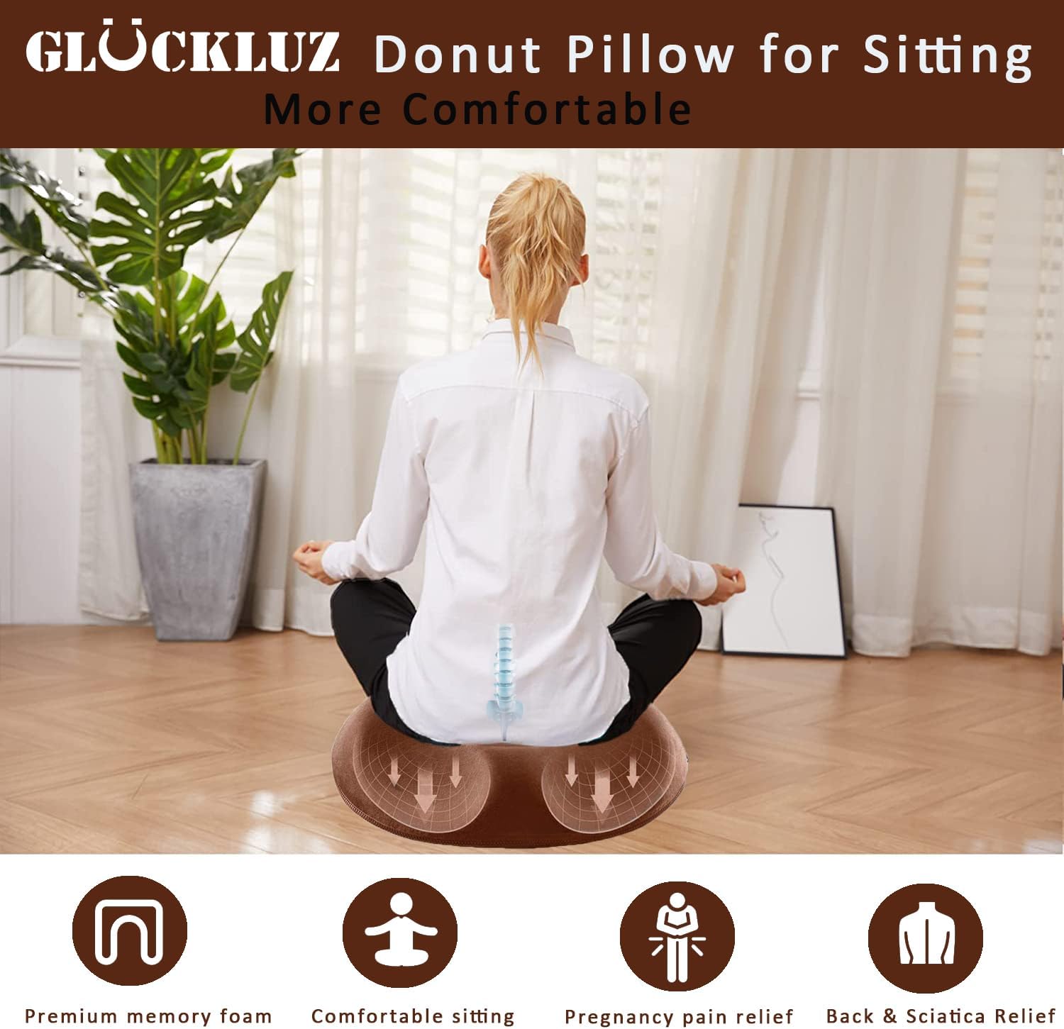 gluckluz coccyx donut pillow seat cushion pad memory foam firm yoga sitting pillow for women indoor home floor car office chair hemorrhoids prostate pressure sores post surgery (brown)
