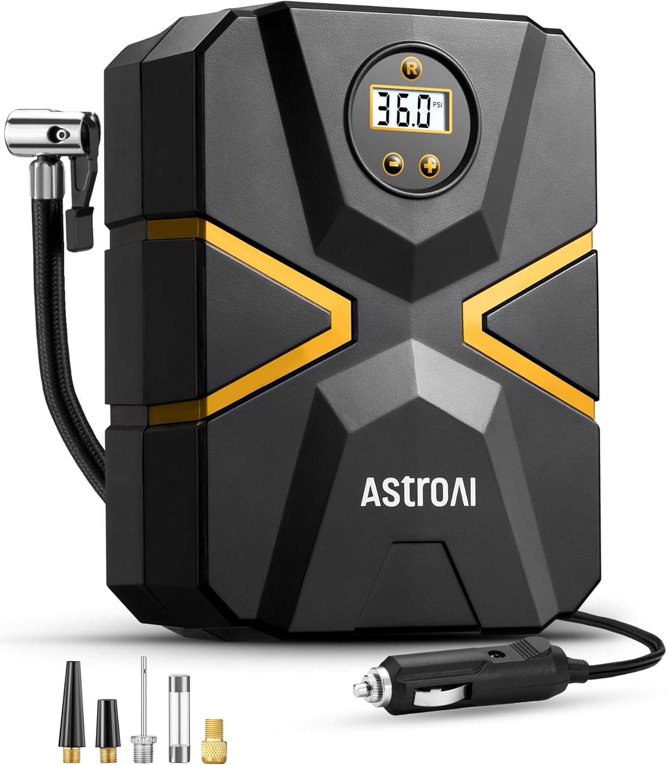 astroai tyre inflator air compressor 12v dc, digital car tyre pump 150 psi, preset tyre pressure & auto shutoff, electric air pump for car tyres, bicycles, other inflatables (yellow)