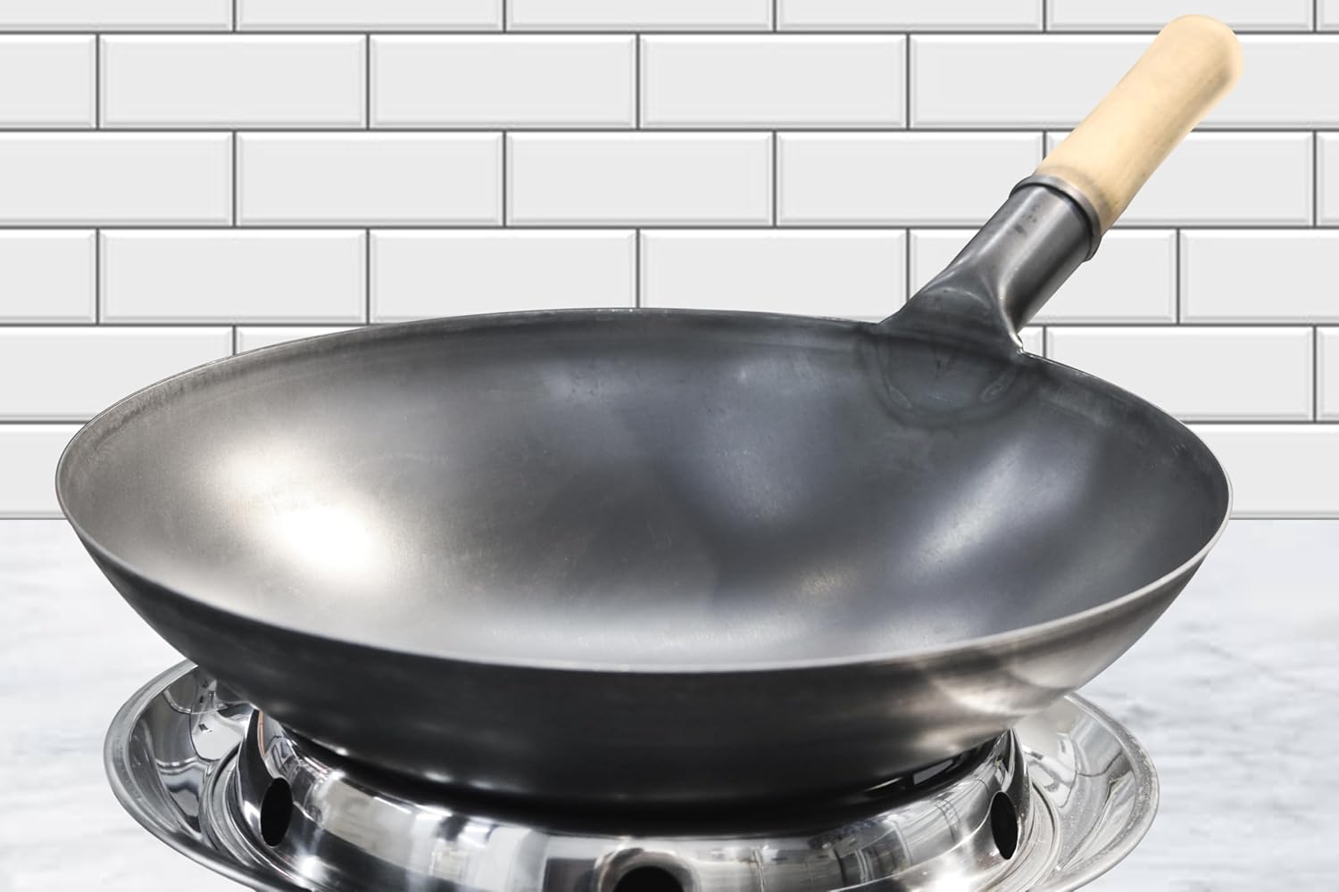 grace carbon steel chinese wok with wooden handle for home & restaurant carbon steel round bottom traditional black chinese wok with ergonomic wooden handle (36cm/14inch)