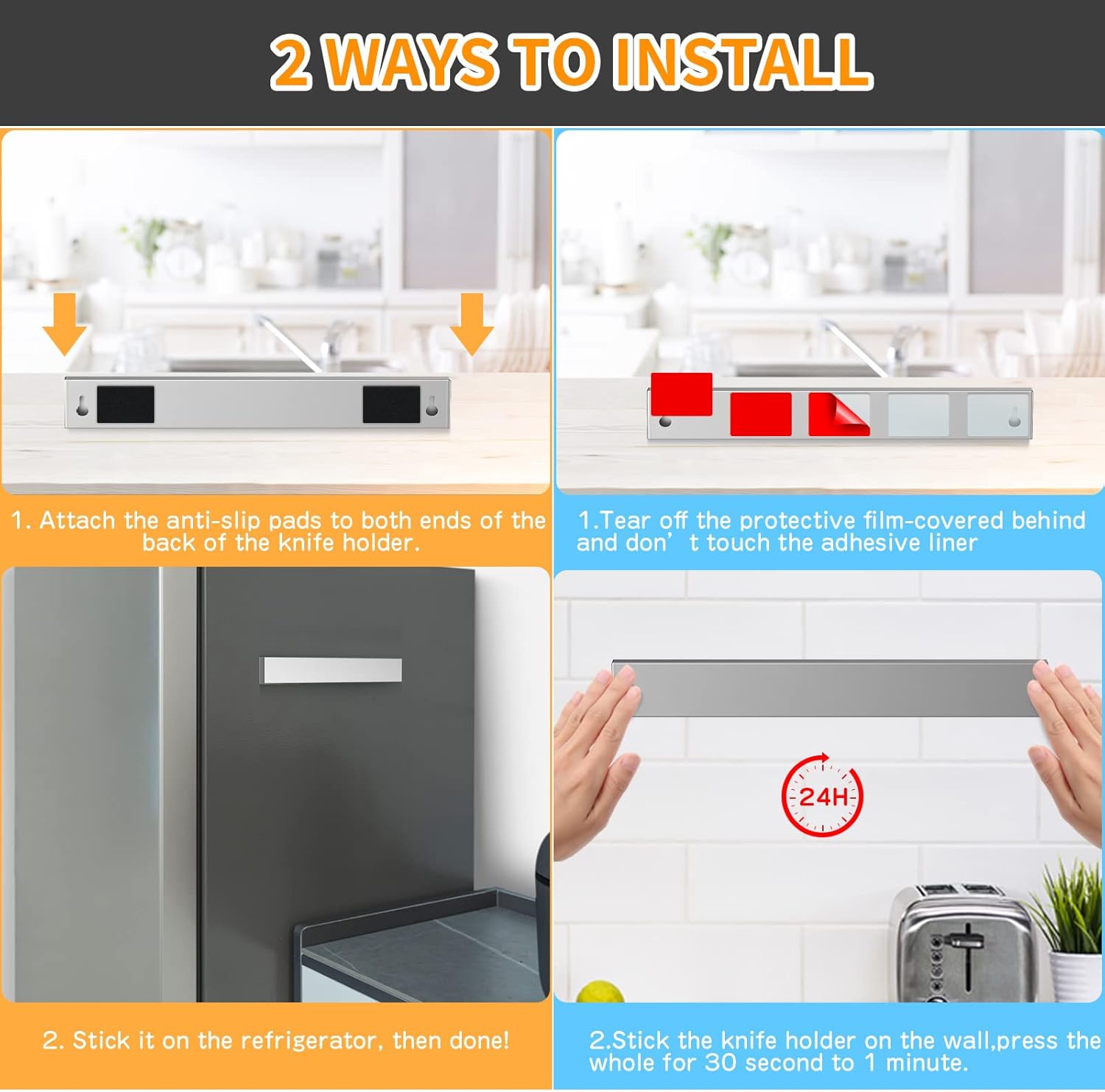 ninonly 40 cm magnetic knife holder for refrigerator, stainless steel double sided magnet knife strip for wall, no drilling magnetic knife rack with powerful magnetic pull force fridge applicable