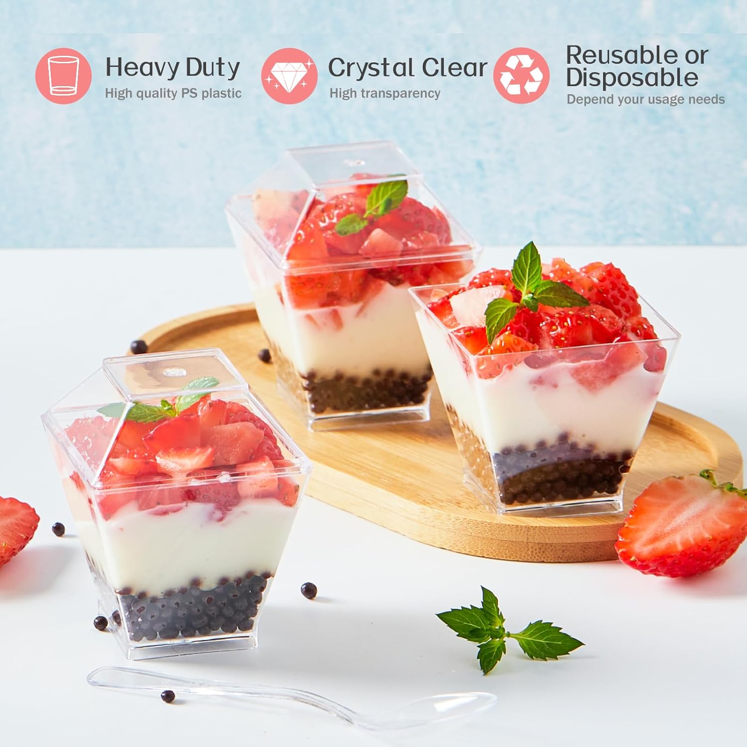 qeirudu 100 pack 2 oz mini dessert cups with lids and spoons clear plastic square appetizer cups parfait cups small tumbler serving bowl for tasting party dessert samples