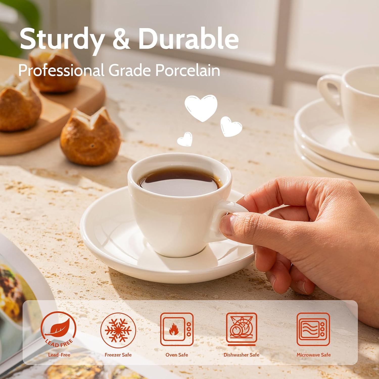 sweese 4304 porcelain espresso cups with saucers 2 ounce set of 6, white