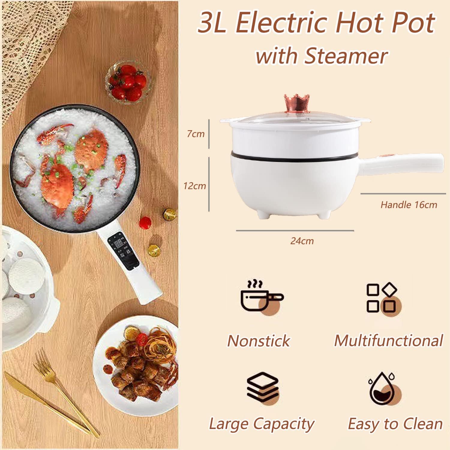 ggerou 3l electric hot pot with steamer & temperature control non stick electric cooker shabu shabu, electric skillet,frying pan,electric saucepan,for noodles, egg, steak, sauté, steam and soup (3l)