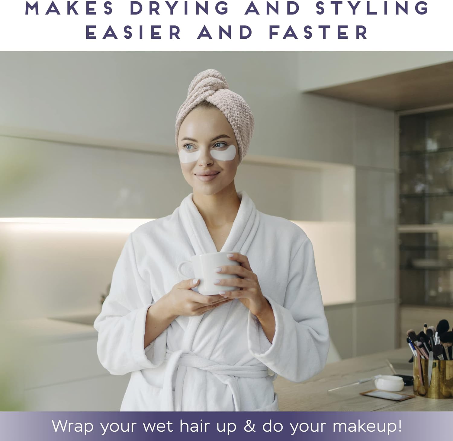 simplefield 2 pack microfiber hair towel wrap for women, anti frizz quick drying hair turban for all hair style, absorbent and lightweight (beige + grey)