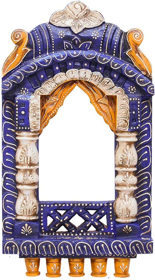 medieval arts mina solid wood hand painted wall hanging jharokha frame (blue, 16' inches), rectangular, framed