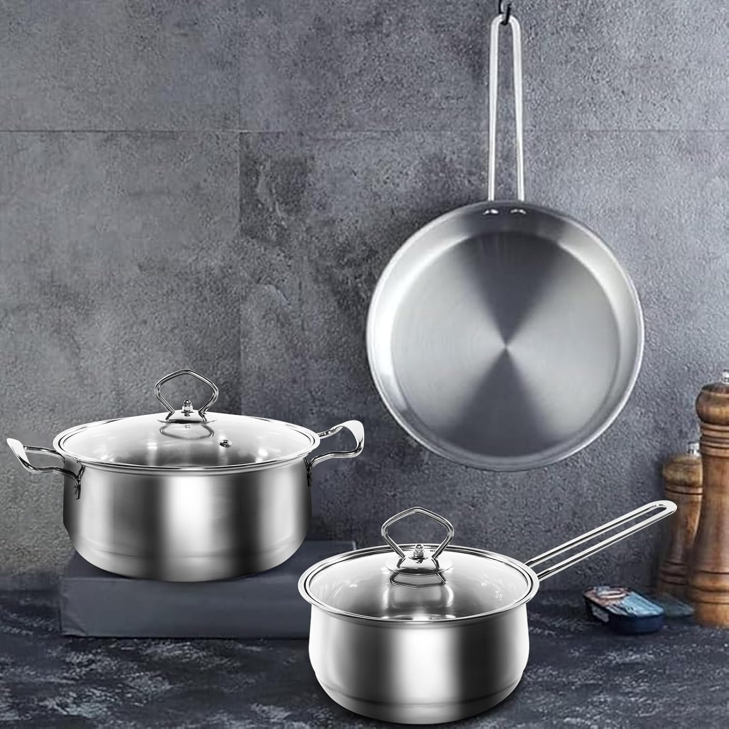 5 piece stainless steel cookware pots and pans set, nonstick cookware sets, induction cookware non stick cooking set w saucepans, food grade 304 stainless