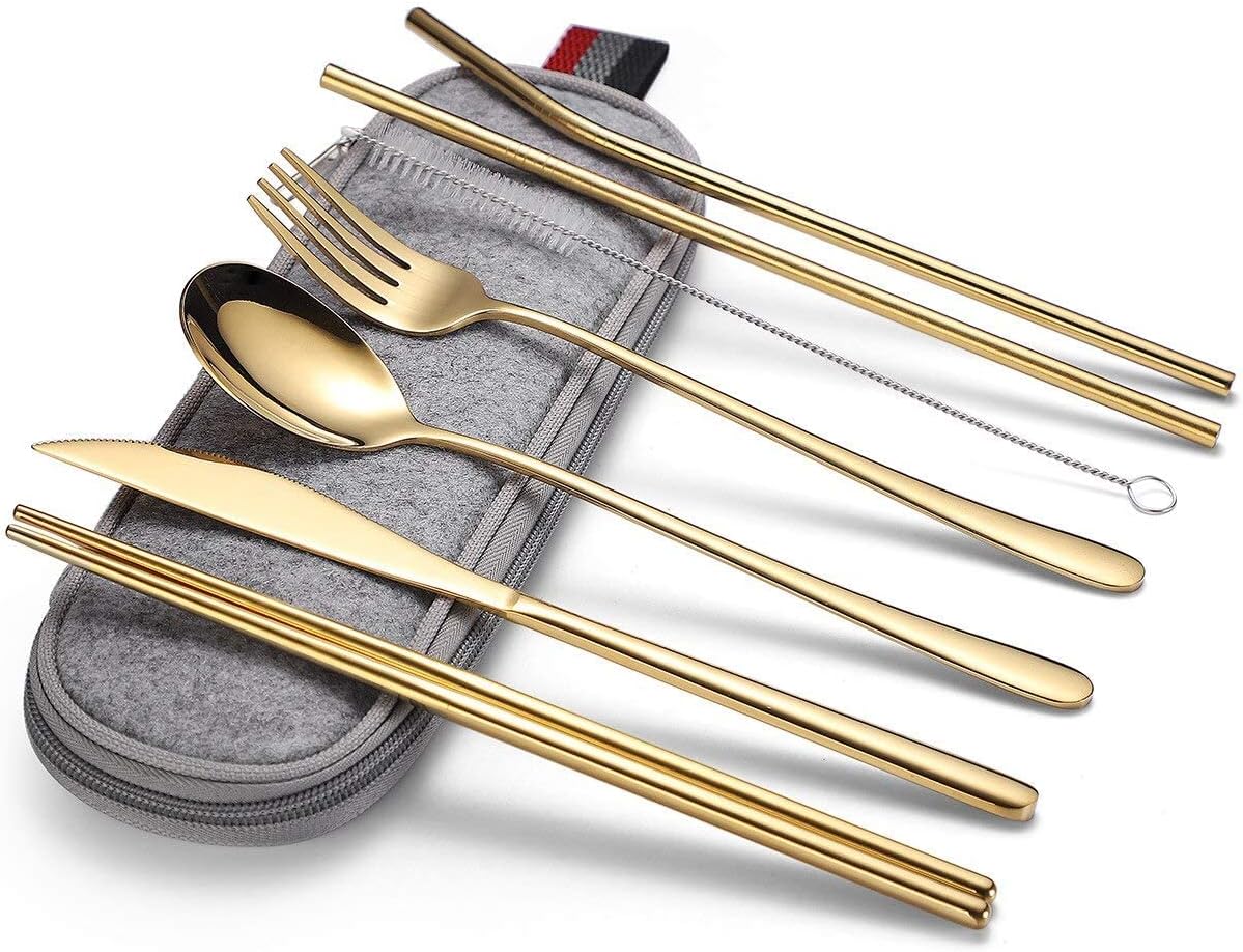 portable stainless steel flatware, travel camping cutlery set, with a waterproof case, 7 pieces