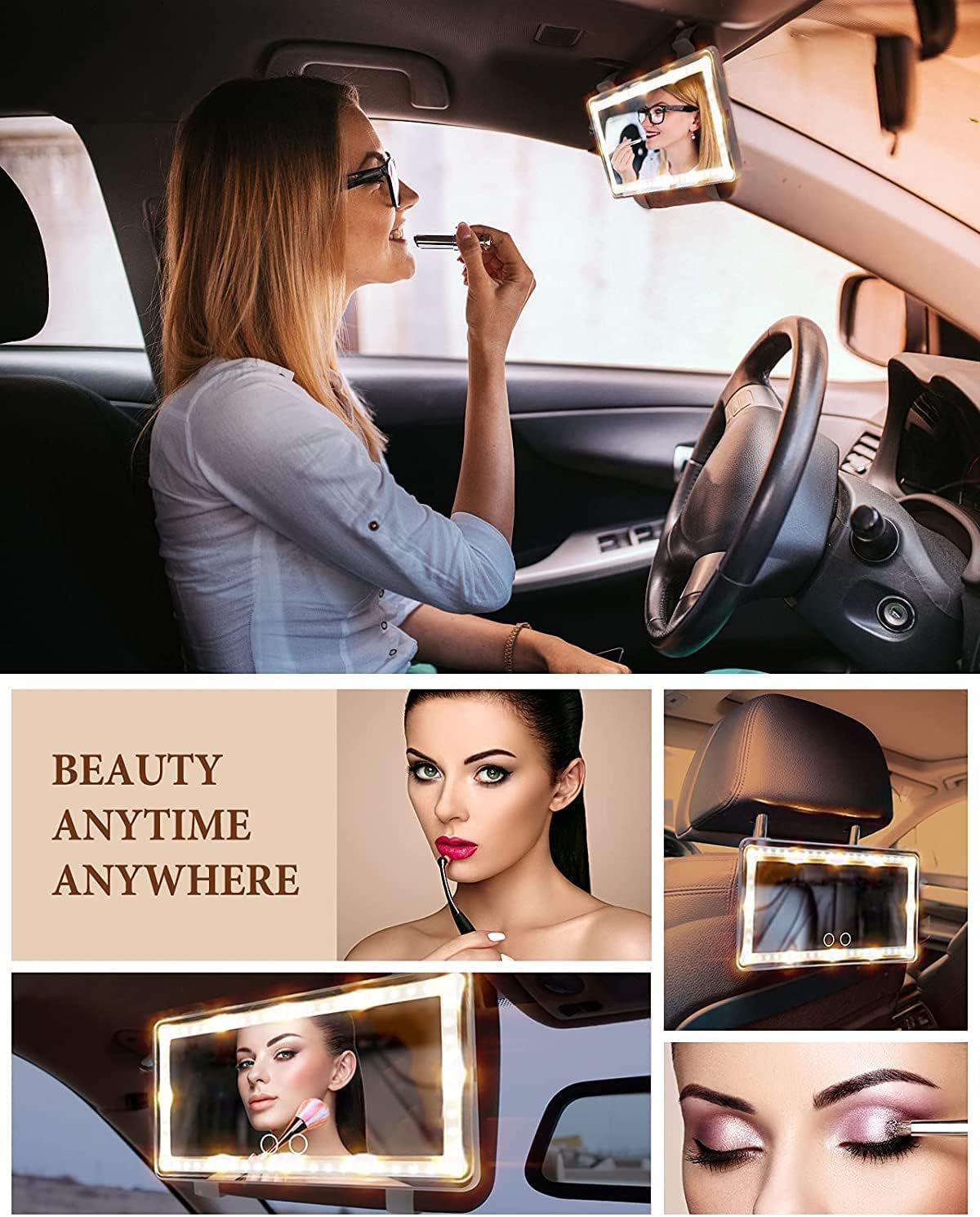 feisate car visor vanity mirror with led lights, car mirror light rechargeable makeup mirror with 3 light modes, car visor mirror, car vanity mirror for car truck suv, white
