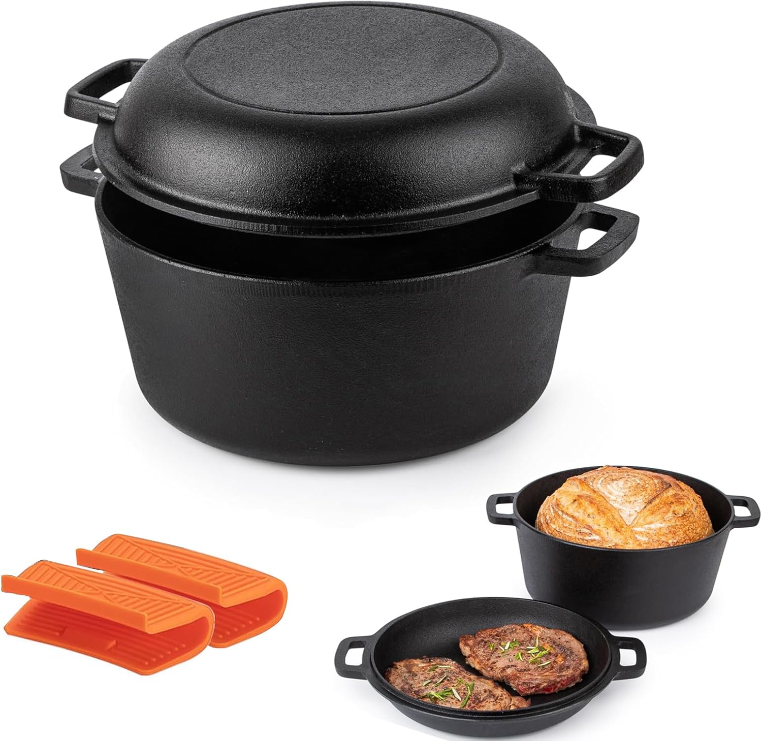 dsocool 2 in 1 pre seasoned cast iron dutch oven pot with skillet lid cooking pan, cast iron skillet cookware pan set with dual handles indoor outdoor for bread, frying, baking, camping, bbq