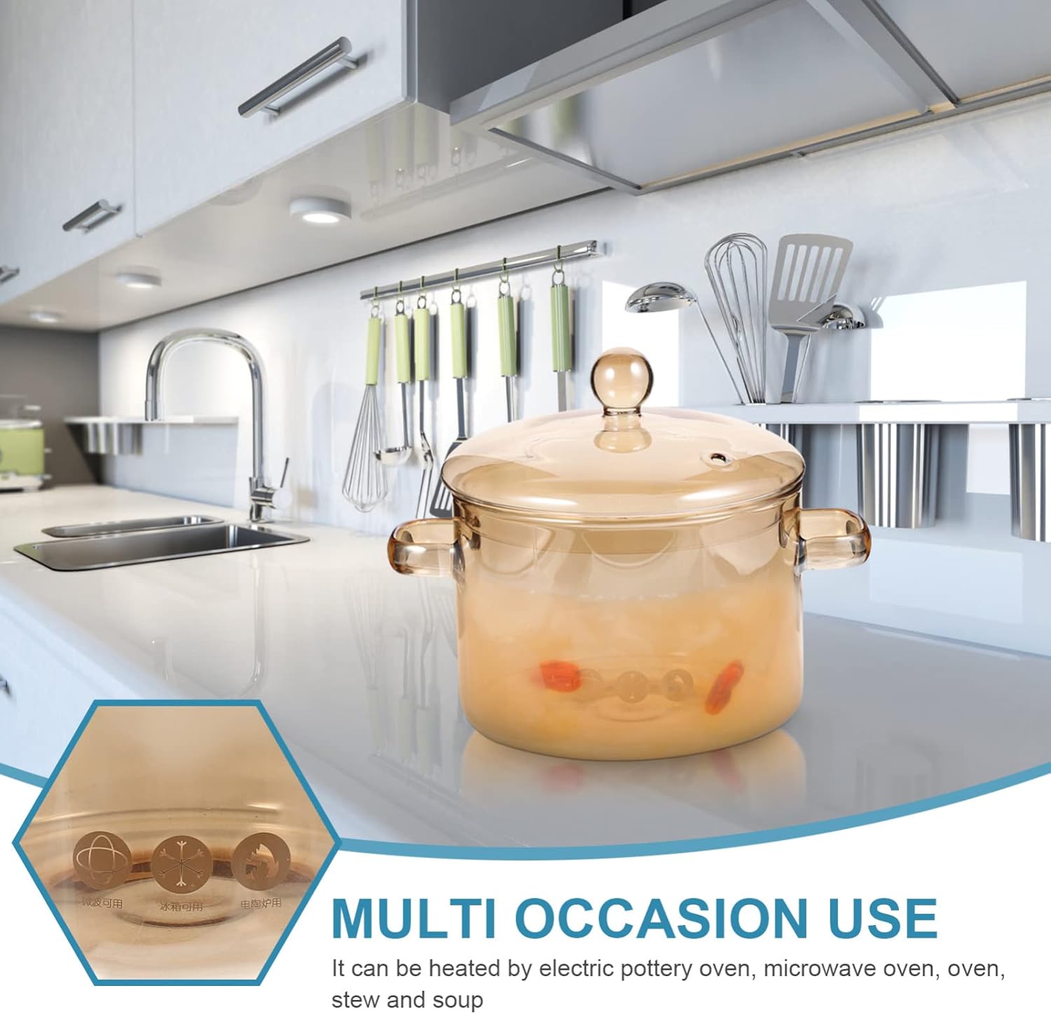 ylmeet oven glass pot with lid, large capacity cooking pot, transparent pot with handle, stovetop stock pot, borosilicate glass cookware, dishwasher safe pots and pans (1900ml)