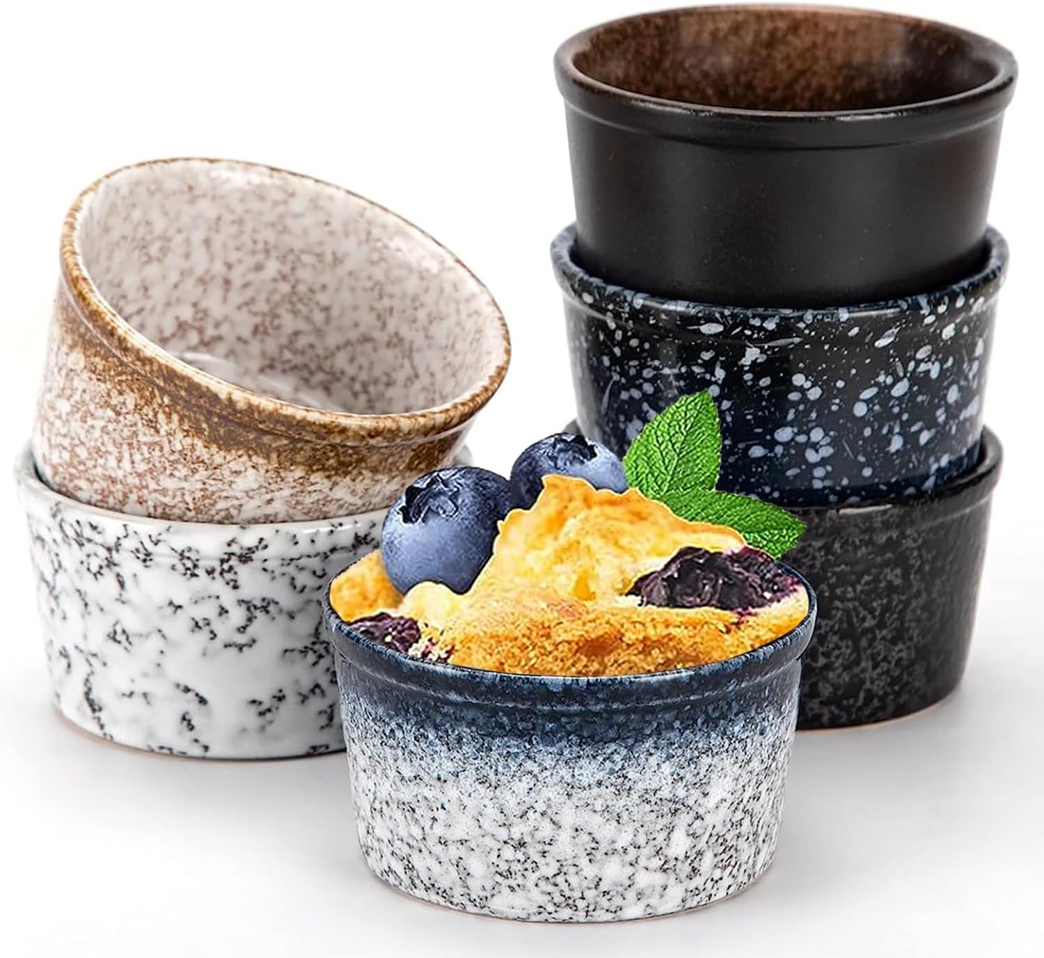 angju ceramic ramekin set of 6 mini porcelain bowls 4oz/120ml of zen style, souffle ramekins/cups for puddings, brulees, soufflés, custards, ice creams, dipping sauces, snacks, oven safe