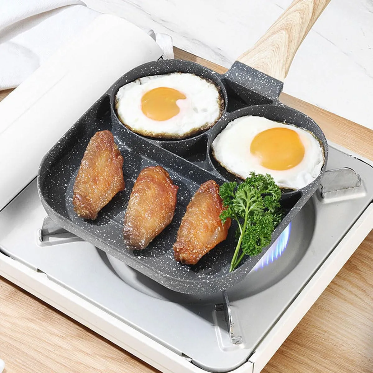 ECVV Egg Frying Pan, 3-in-1 Nonstick Pan Divided Breakfast Pans with Heat Resistant Handle | Egg Omelette Pan for Pancake | Bacon & Burgers | Fried Egg Cooker for Gas Stove & Induction Cooker