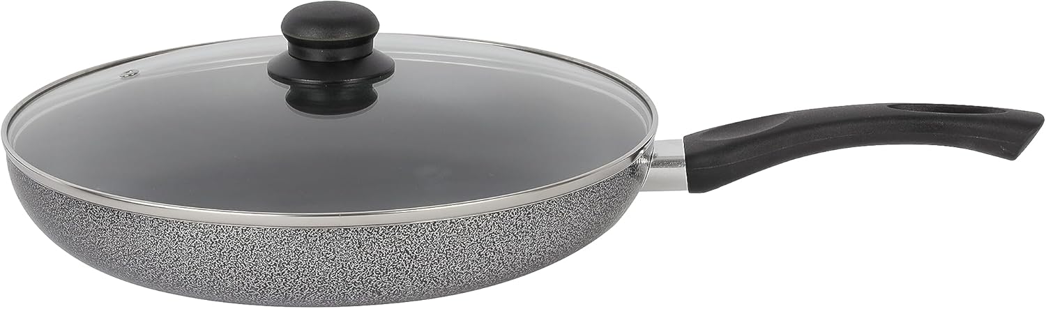royalford aluminum fry pan with tempered glass lid, strong body non stick coating and bakelite handle grey 20 cm rf11974
