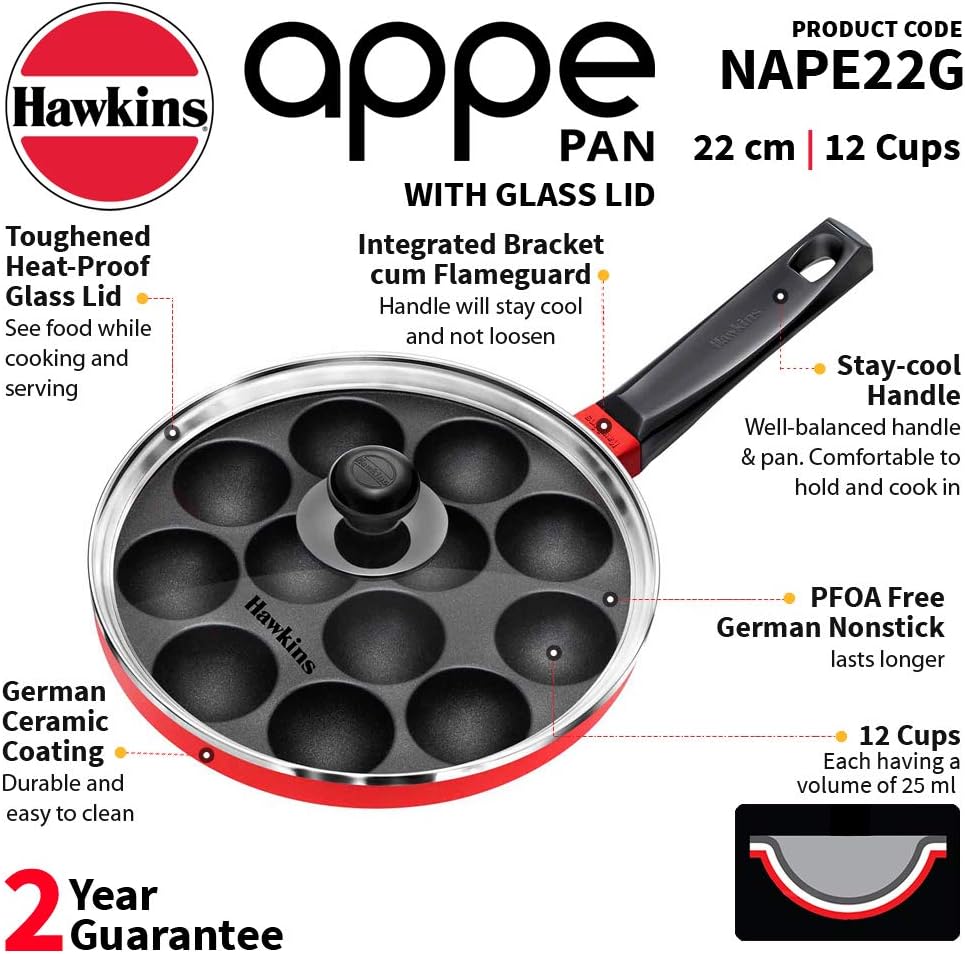 hawkins 22 cm appe pan, non stick paniyaram pan with glass lid, 12 cups paniyarakkal ceramic pan, litti pan, kuzhi paniyaram pan, ponganalu pan, red (nape22g)
