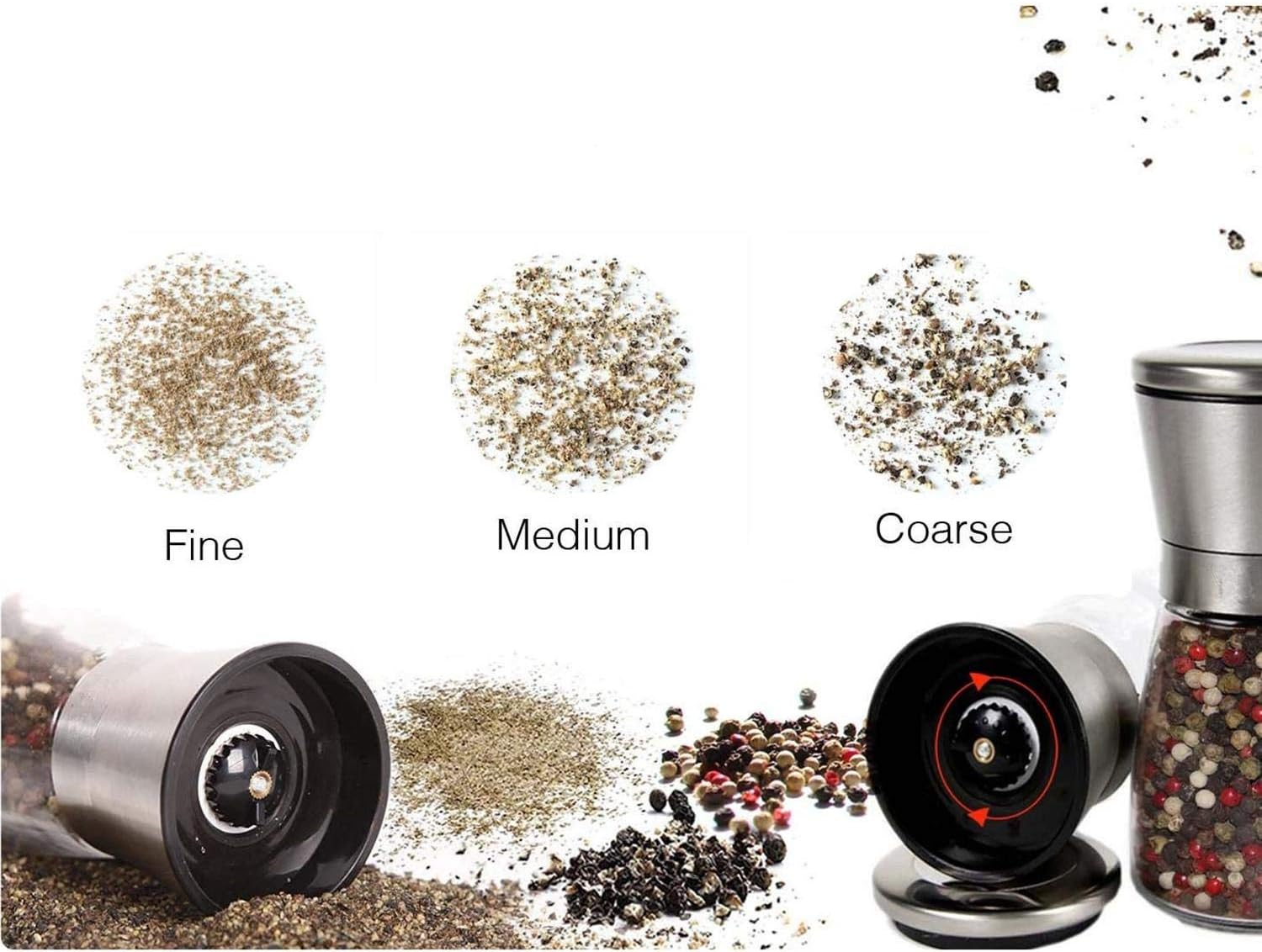 set of salt and pepper grinder 2 pack salt and pepper shakers with stand stainless steel spice grinder mill for adjustable coarseness