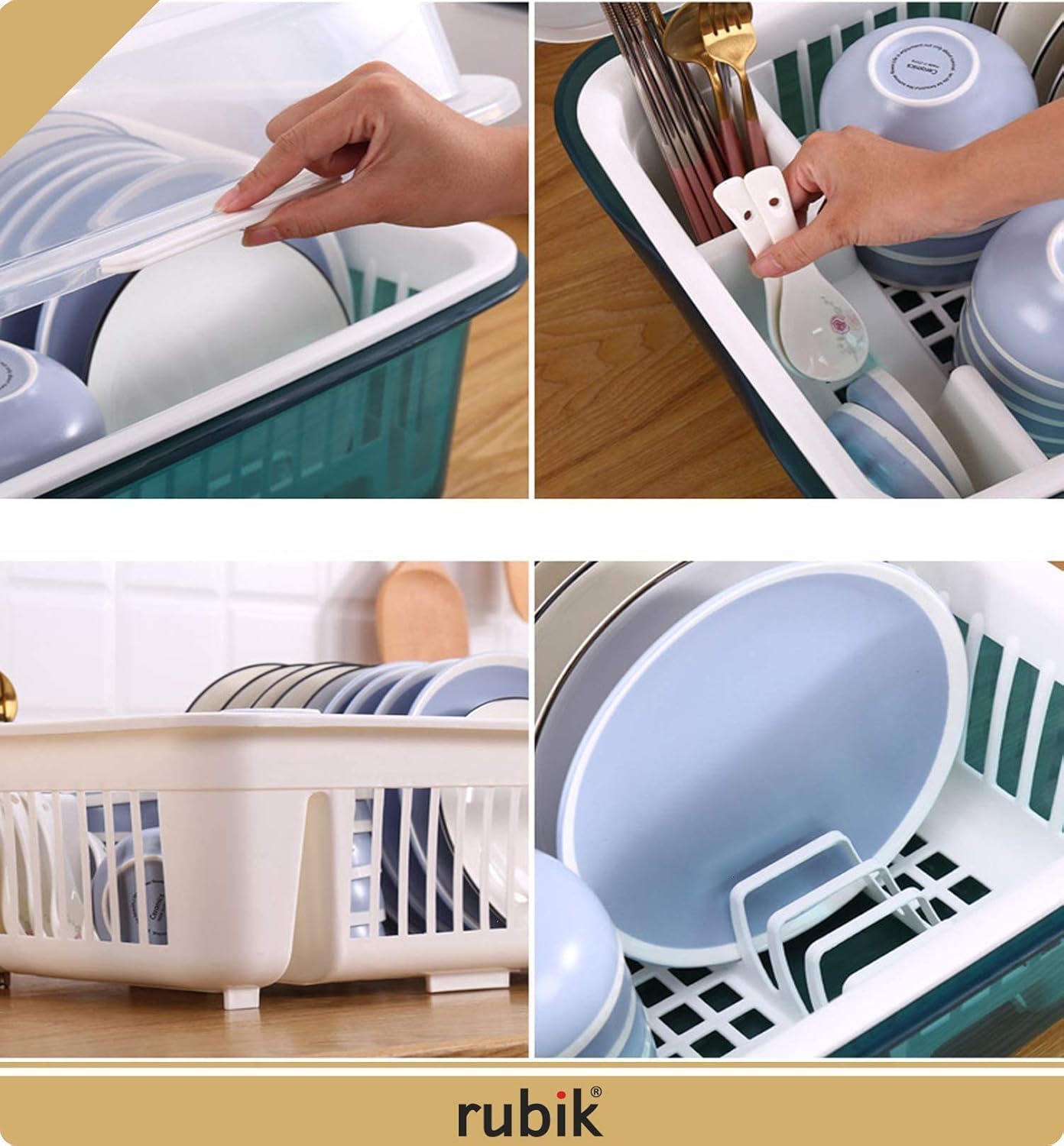 rubik covered dish drying storage rack kitchen tableware dish drainer with transparent lid cover (large, blue)
