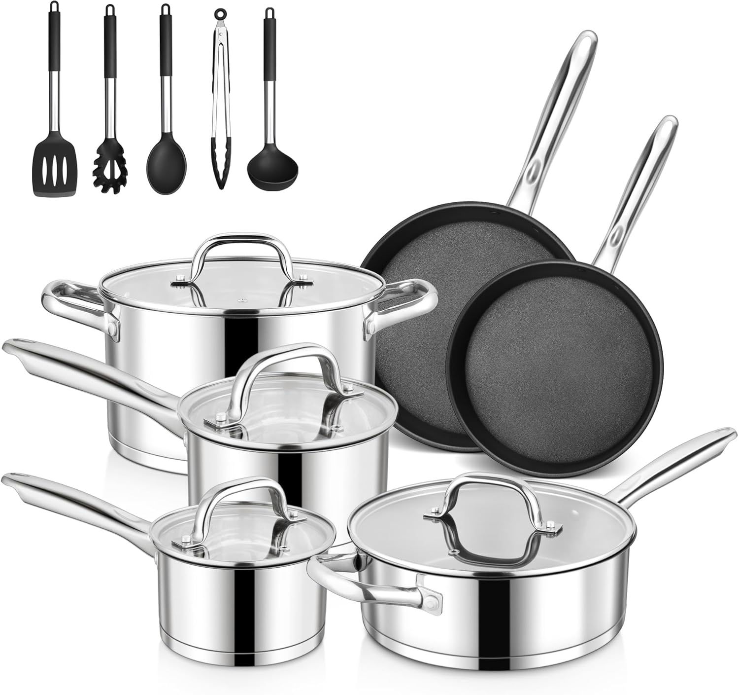 e far 15 piece stainless steel cookware set, 3 ply base kitchen pots and pans set, non toxic induction cooking set including nonstick frying pan saucepan, oven & dishwasher safe, all stoves compatible