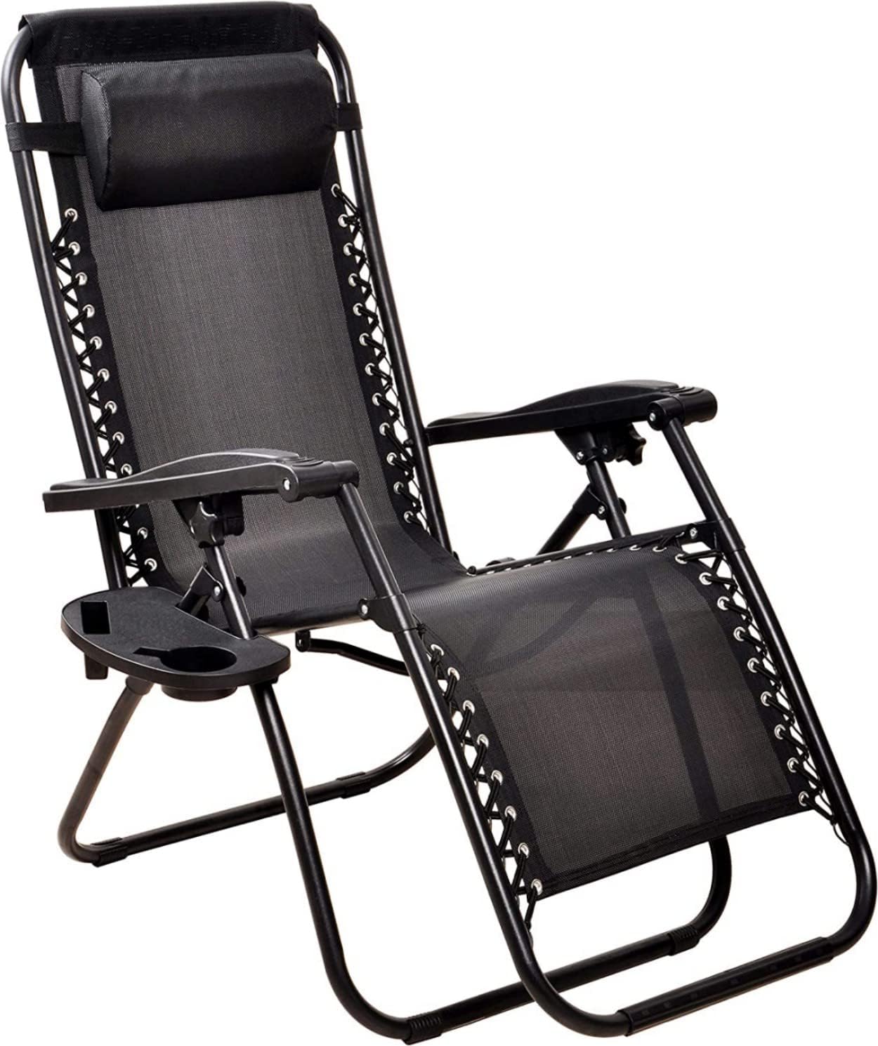 sky touch outdoor lounges chair foldable camping chair, zero gravity adjustable beach chair and garden chair with pillows cup holders for poolside backyard and beach,black