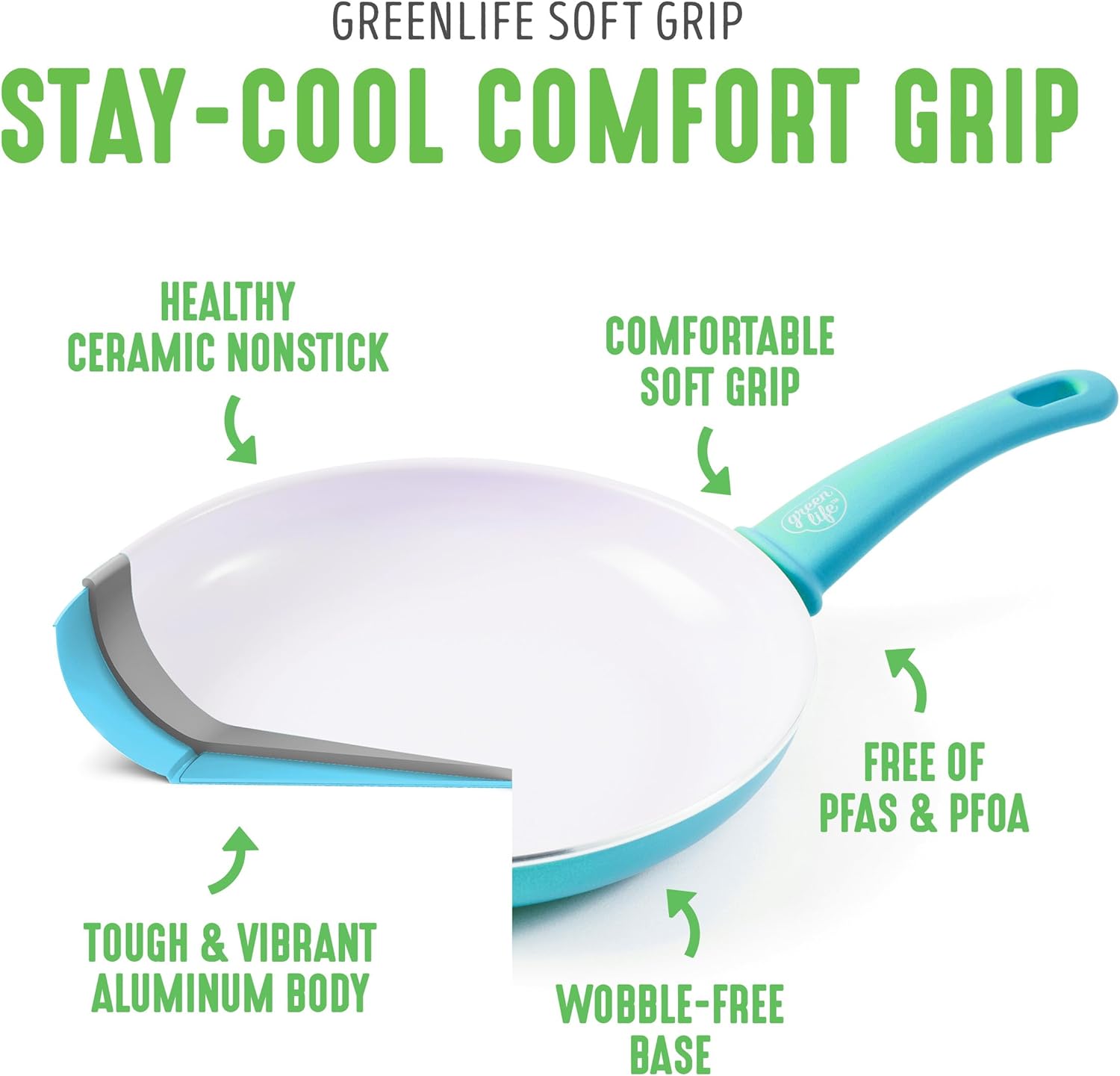 greenlife soft grip healthy ceramic nonstick, frying pan set, 7" and 10", bright blue
