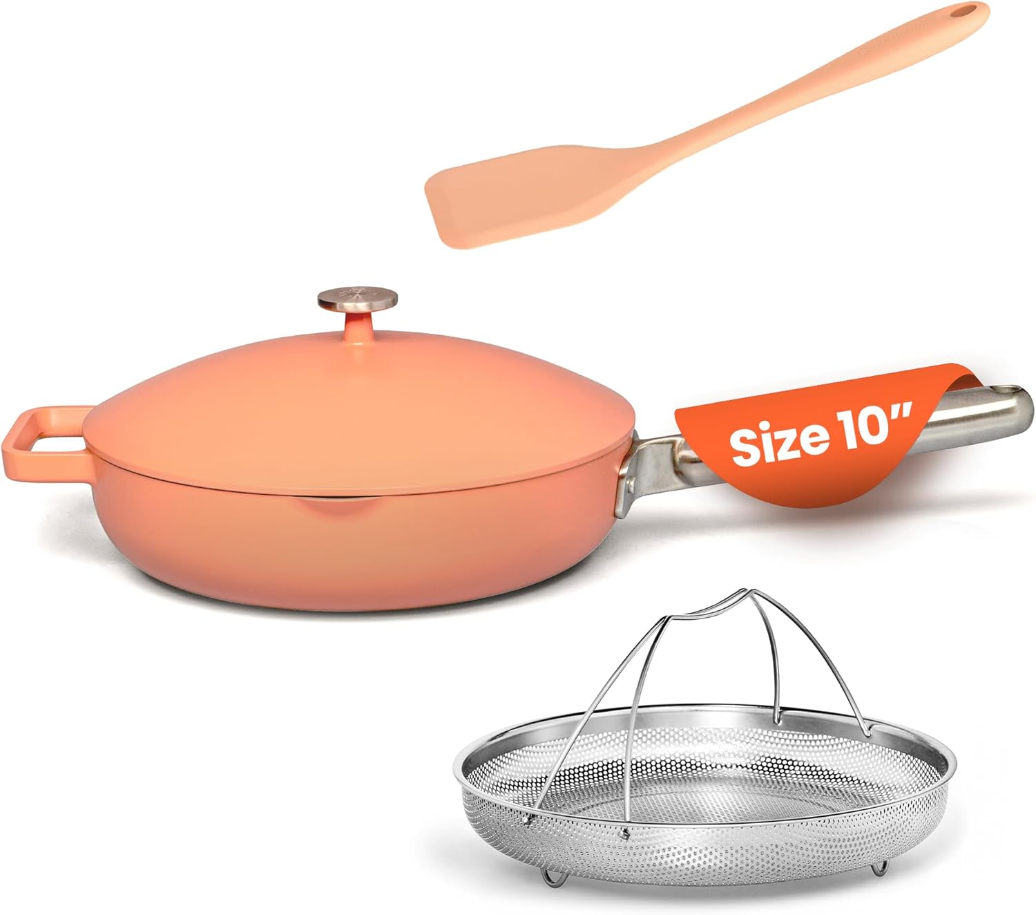 nutricook 1 pan 26cm,cast aluminum,w/self basting lid,steamer basket,silicone spatula,ceramic nonstick coating,oven safe,induction safe,designed in california,nc op126cs,canyon sunset,2 year warranty