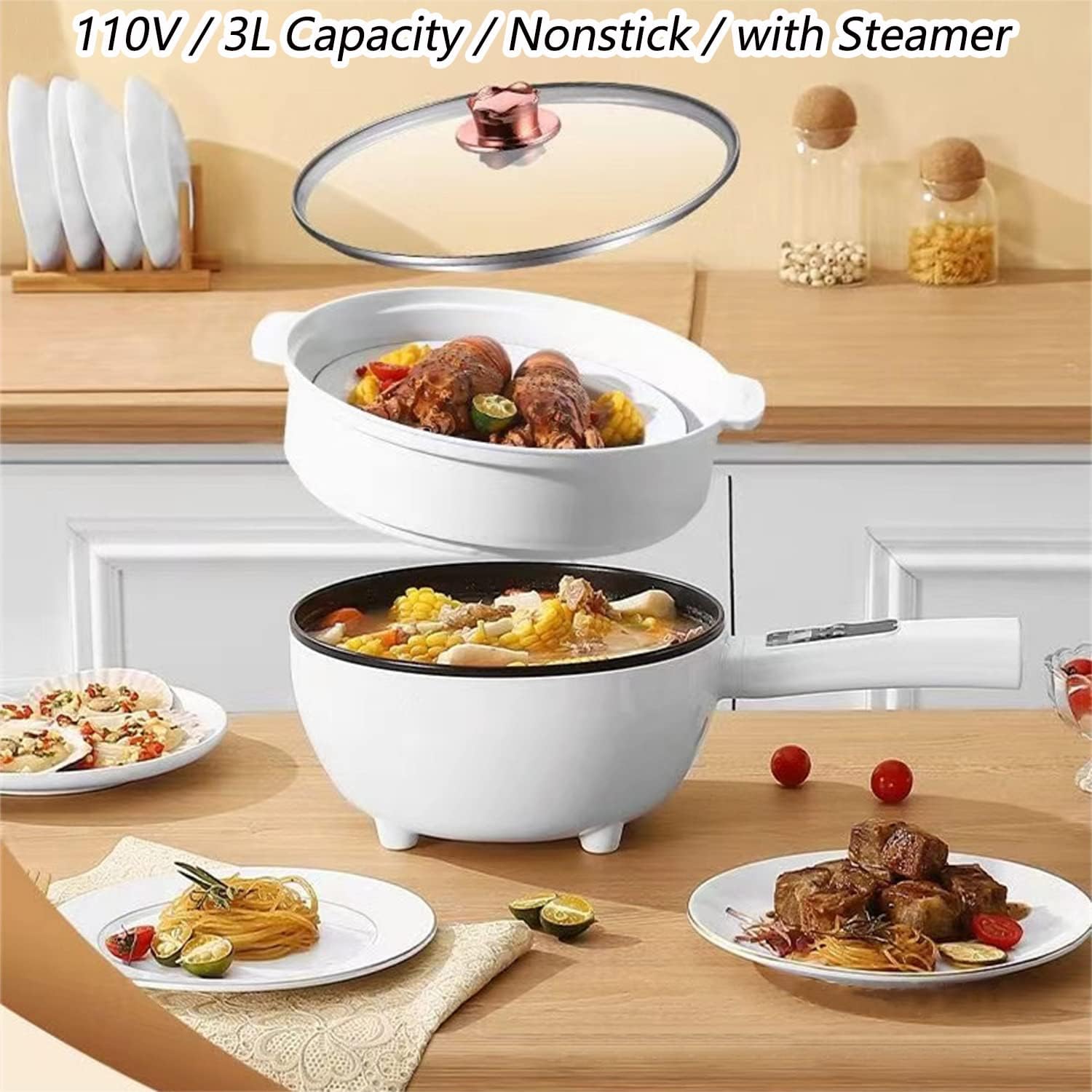 ggerou 3l electric hot pot with steamer & temperature control non stick electric cooker shabu shabu, electric skillet,frying pan,electric saucepan,for noodles, egg, steak, sauté, steam and soup (3l)