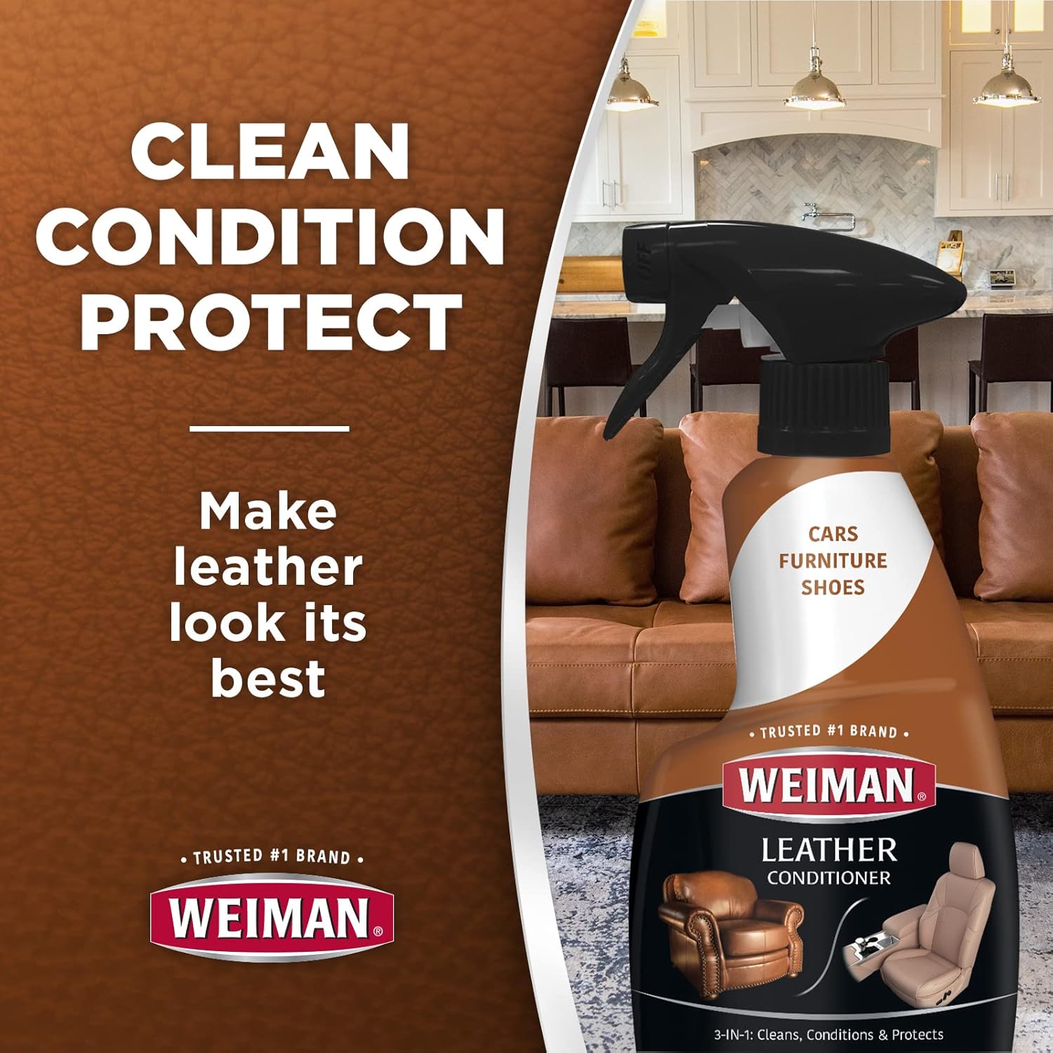 weiman leather cleaner and conditioner for furniture cleans conditions and restores leather surfaces uv protectants help prevent cracking or fading of leather car seats, shoes, purses