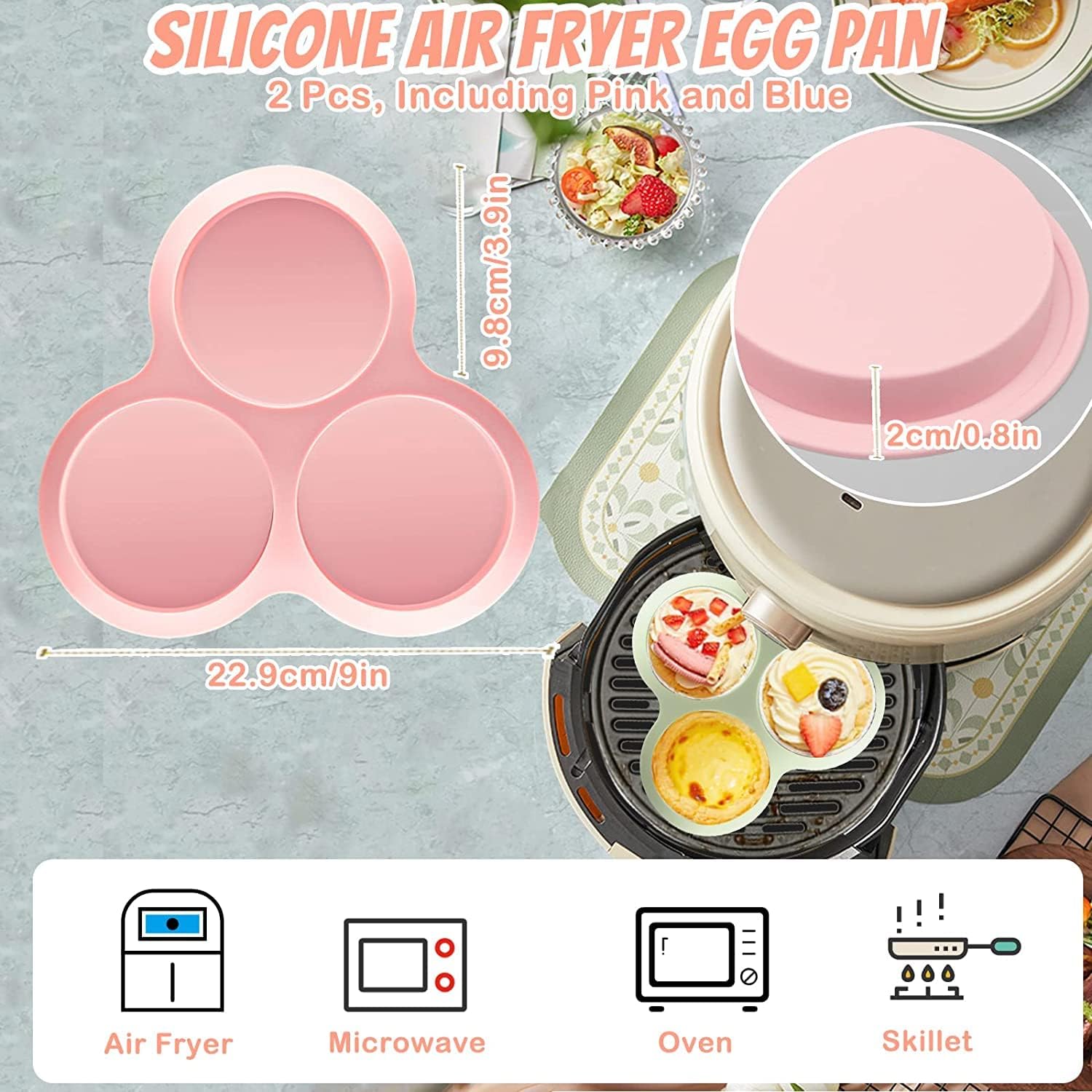 angju 2pcs silicone air fryer egg mold, muffin top pans for baking egg bite mold, reusable cupcake pan pancake molds, 3 cavity air fryer egg pan for baking, air fryer accessories
