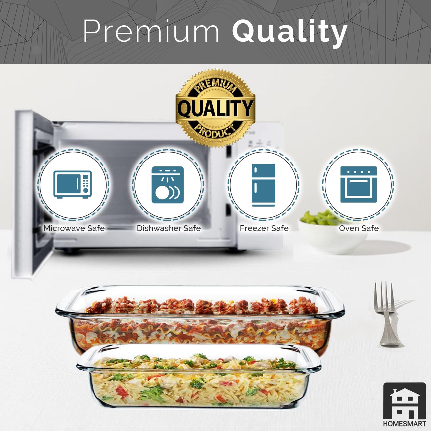 home smart 2pc bakeware glass casserole baking dish 1lt and 2.2lt | borosilicate glass rectangle roaster for multi purpose | premium baking dish