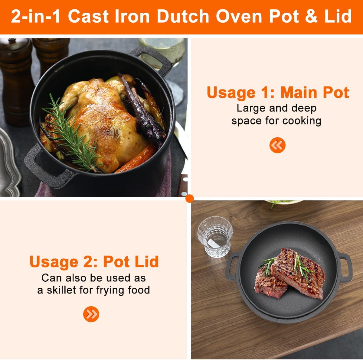 cast iron dutch oven with lid, pre seasoned 2 in 1 combo cooker dual purpose non stick pot skillet frying pan, pot & pan set casserole with handle cover for camping kitchen griddle cookware, 26cm 4.7l