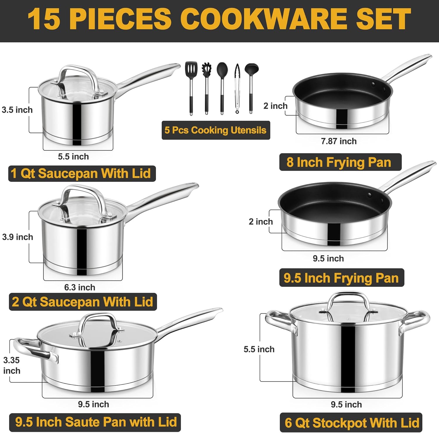 e far 15 piece stainless steel cookware set, 3 ply base kitchen pots and pans set, non toxic induction cooking set including nonstick frying pan saucepan, oven & dishwasher safe, all stoves compatible